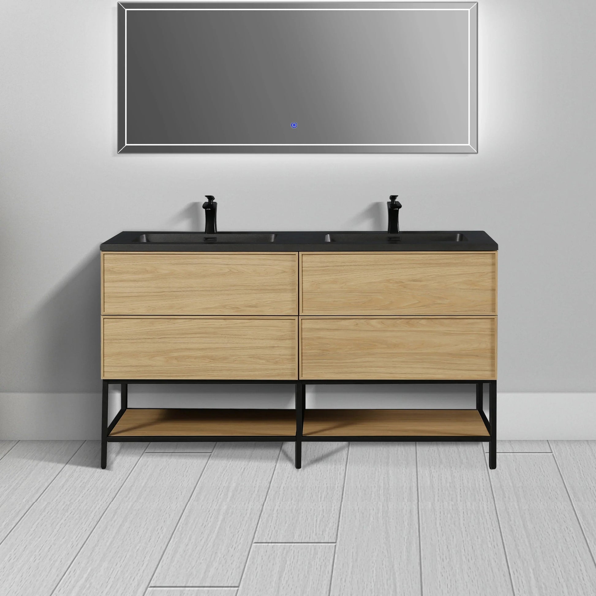 60" Sunset Walnut Wall Mount Double Sink Bathroom Vanity with Black Engineered Quartz Countertop-Migration_Bathroom Vanities-DECOROLALA