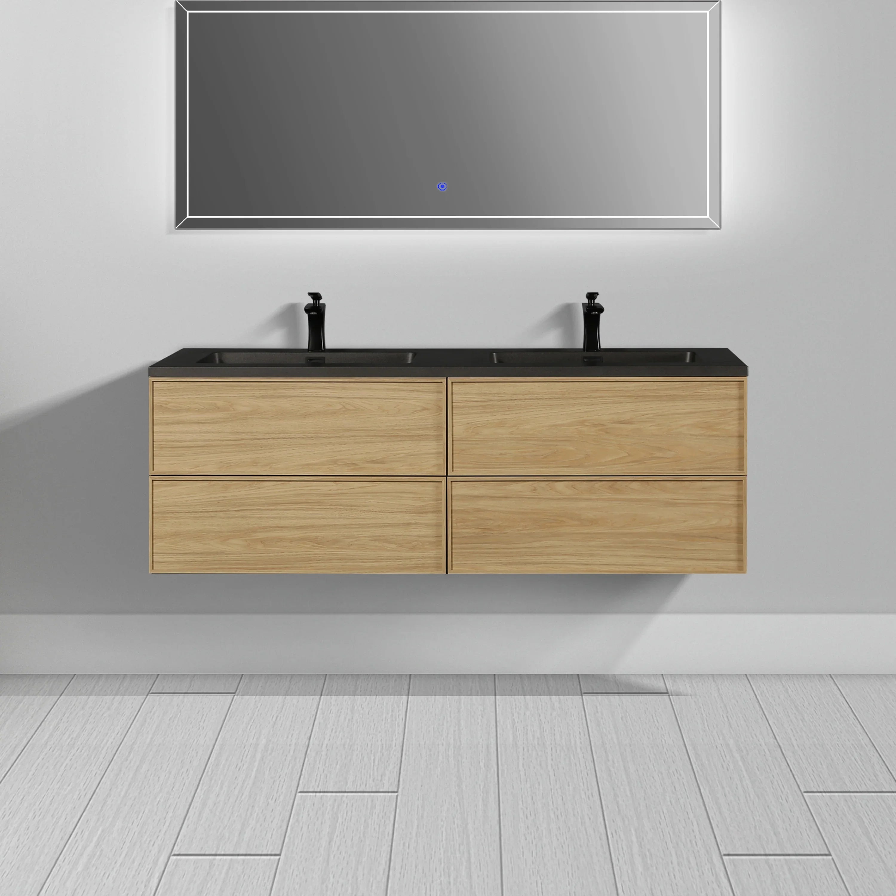 60" Sunset Walnut Wall Mount Double Sink Bathroom Vanity with Black Engineered Quartz Countertop-Migration_Bathroom Vanities-DECOROLALA
