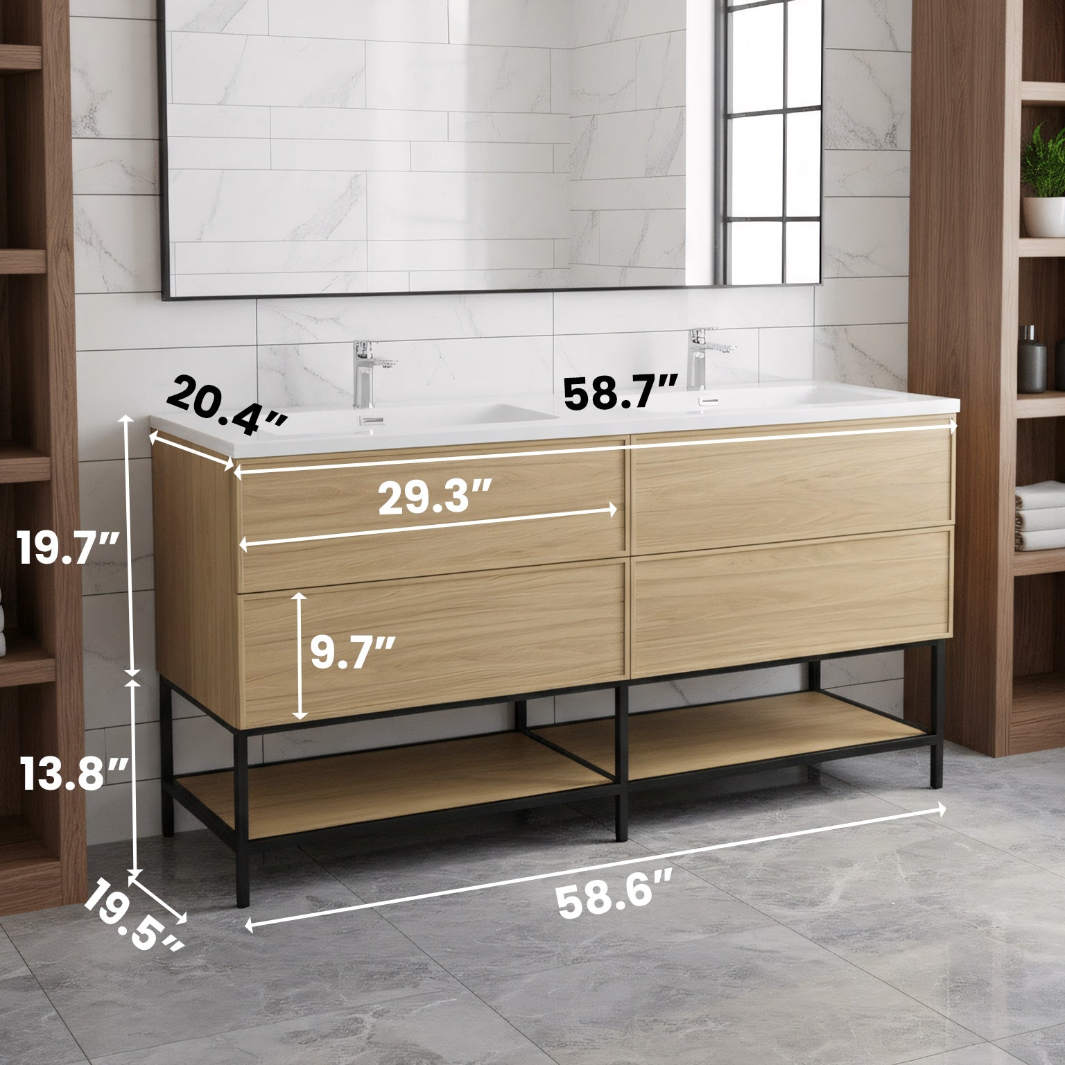60" Sunset Walnut Wall Mount Double Sink Bathroom Vanity with White Polymarble Countertop-Migration_Bathroom Vanities-DECOROLALA