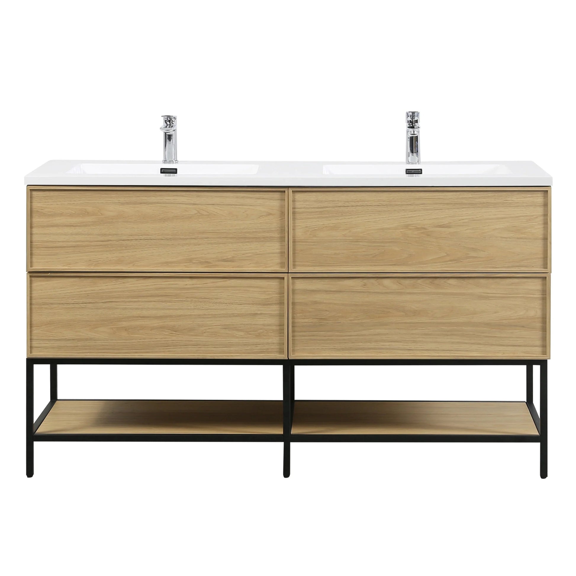 60" Sunset Walnut Wall Mount Double Sink Bathroom Vanity with White Polymarble Countertop-Migration_Bathroom Vanities-DECOROLALA