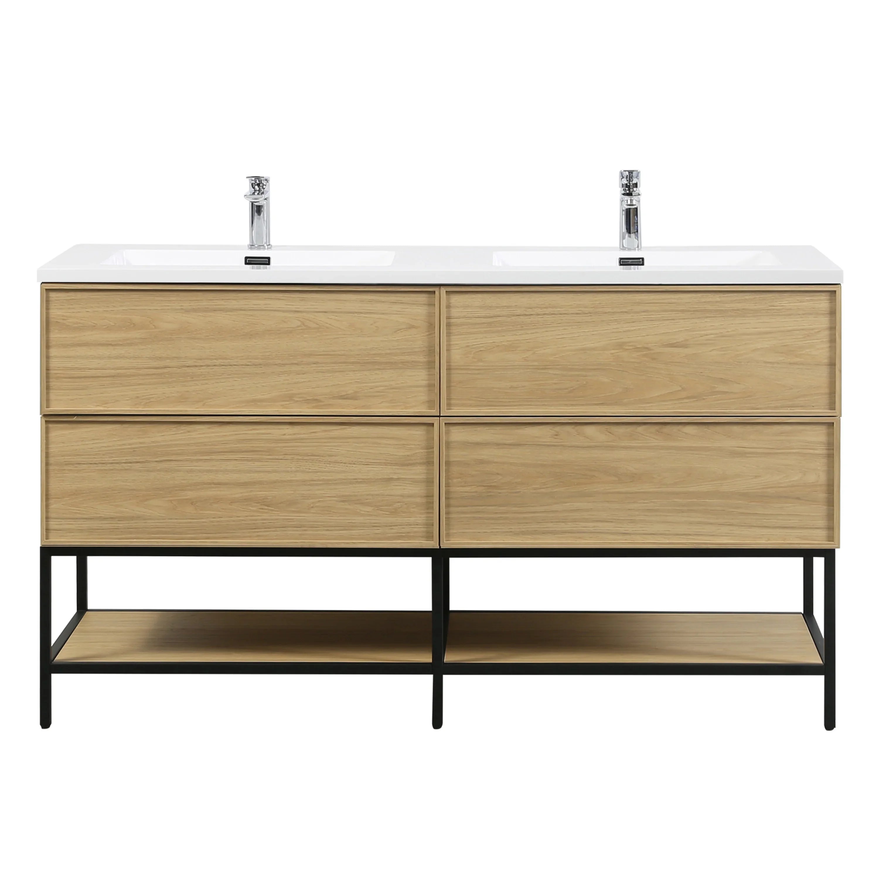 60" Sunset Walnut Wall Mount Double Sink Bathroom Vanity with White Polymarble Countertop-Migration_Bathroom Vanities-DECOROLALA
