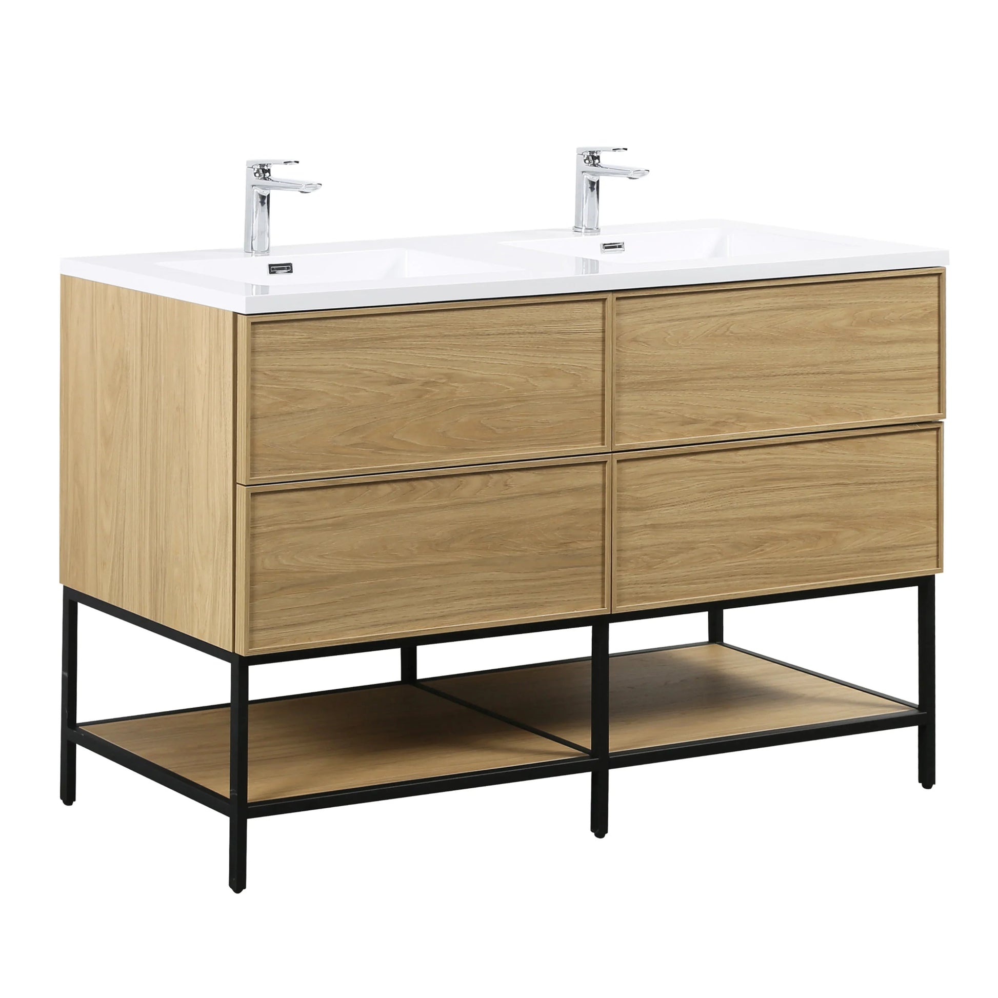 60" Sunset Walnut Wall Mount Double Sink Bathroom Vanity with White Polymarble Countertop-Migration_Bathroom Vanities-DECOROLALA