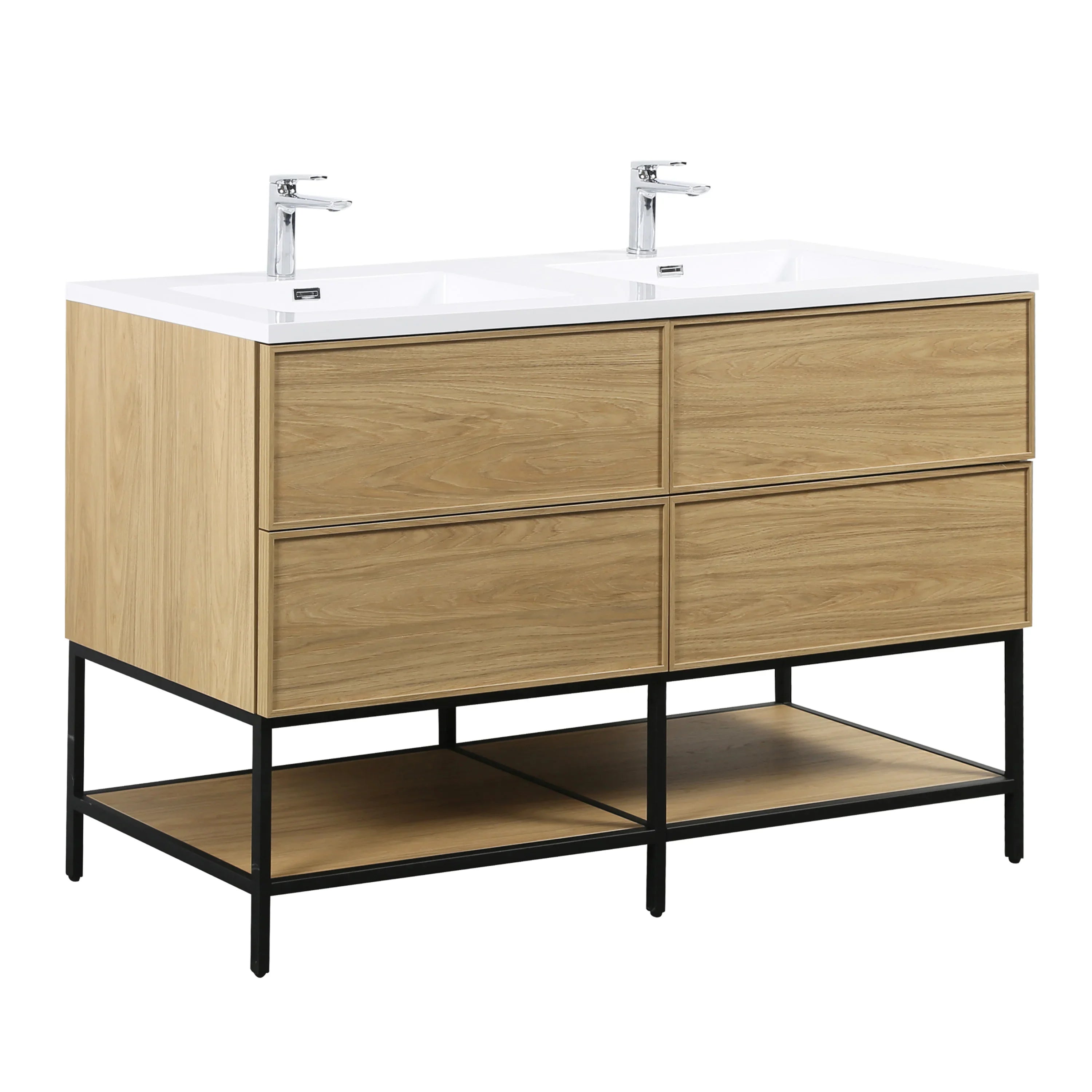 60" Sunset Walnut Wall Mount Double Sink Bathroom Vanity with White Polymarble Countertop-Migration_Bathroom Vanities-DECOROLALA