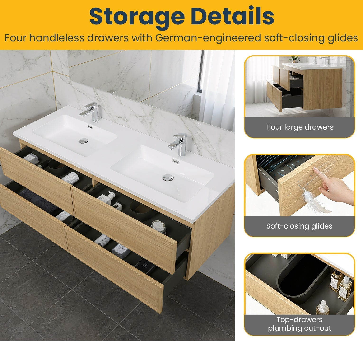 60" Sunset Walnut Wall Mount Double Sink Bathroom Vanity with White Polymarble Countertop-Migration_Bathroom Vanities-DECOROLALA