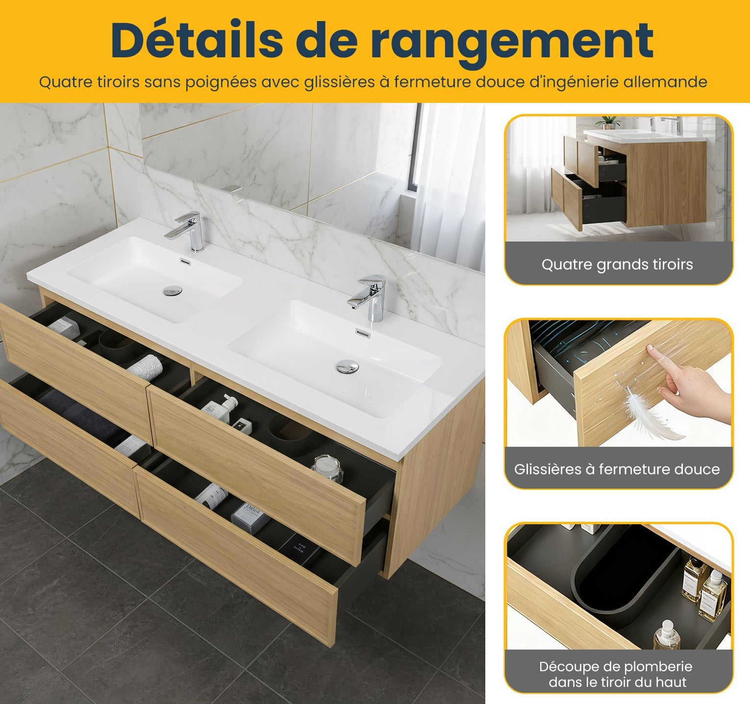 60" Sunset Walnut Wall Mount Double Sink Bathroom Vanity with White Polymarble Countertop-Migration_Bathroom Vanities-DECOROLALA