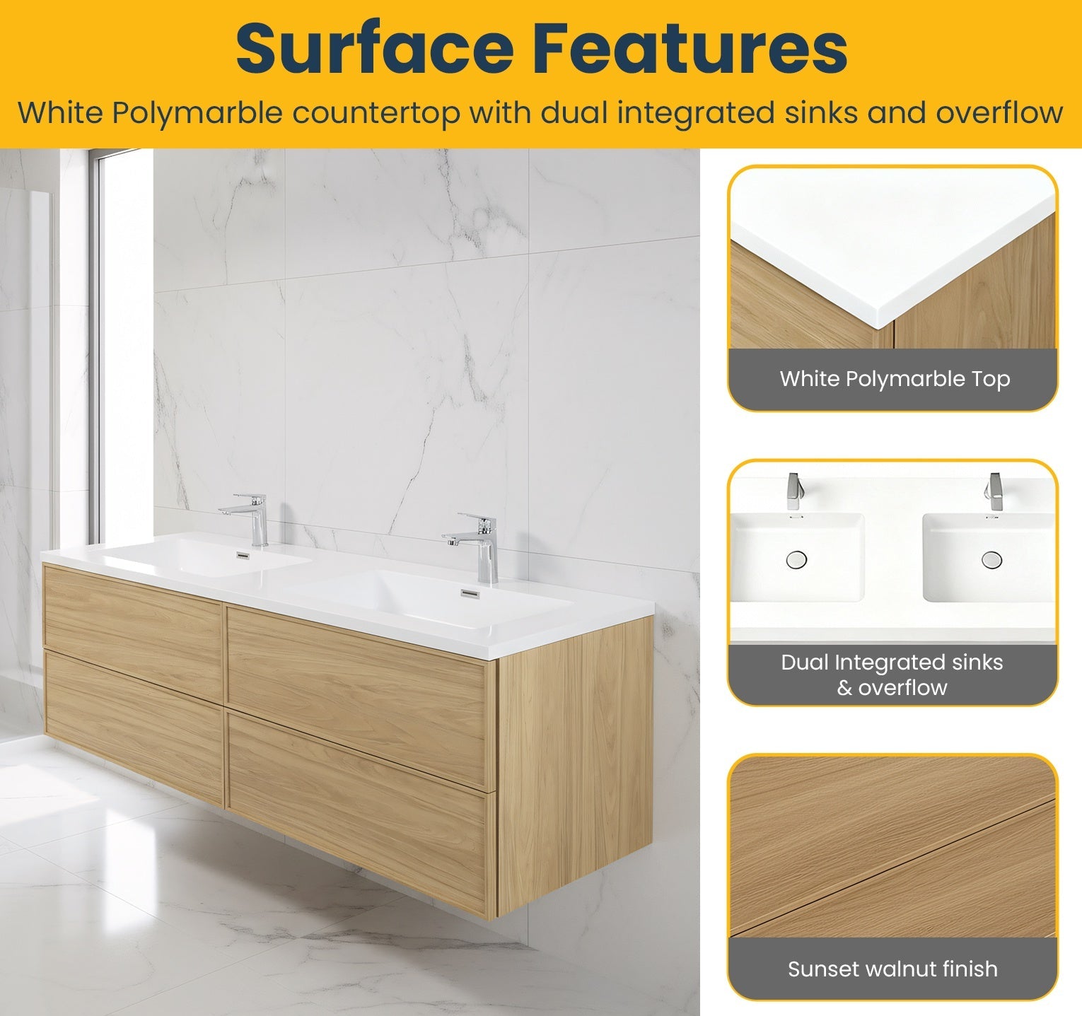 60" Sunset Walnut Wall Mount Double Sink Bathroom Vanity with White Polymarble Countertop-Migration_Bathroom Vanities-DECOROLALA