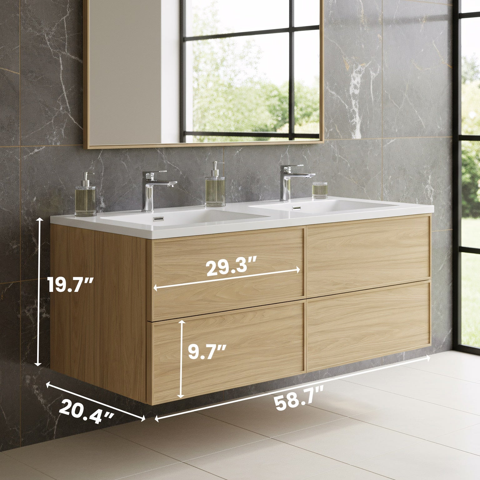60" Sunset Walnut Wall Mount Double Sink Bathroom Vanity with White Polymarble Countertop-Migration_Bathroom Vanities-DECOROLALA