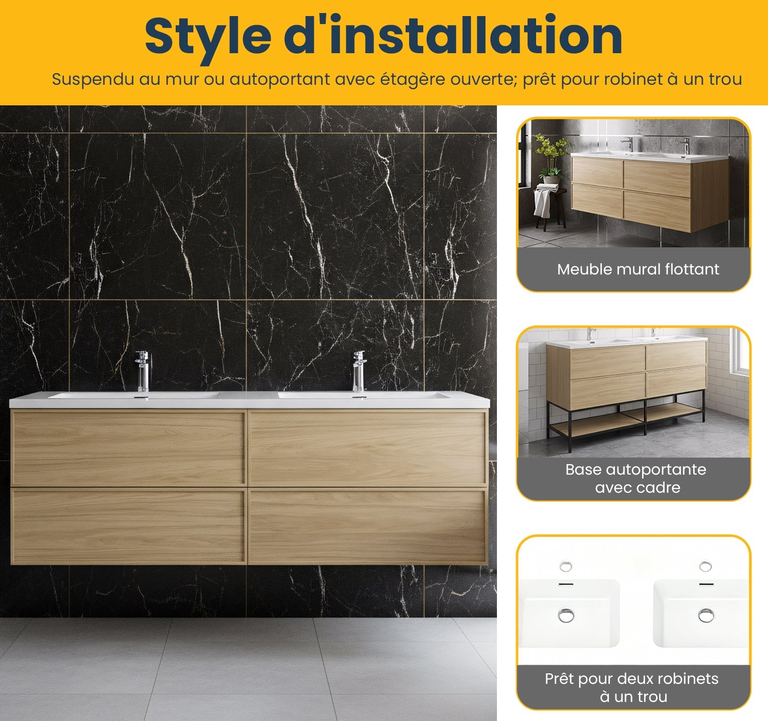 60" Sunset Walnut Wall Mount Double Sink Bathroom Vanity with White Polymarble Countertop-Migration_Bathroom Vanities-DECOROLALA