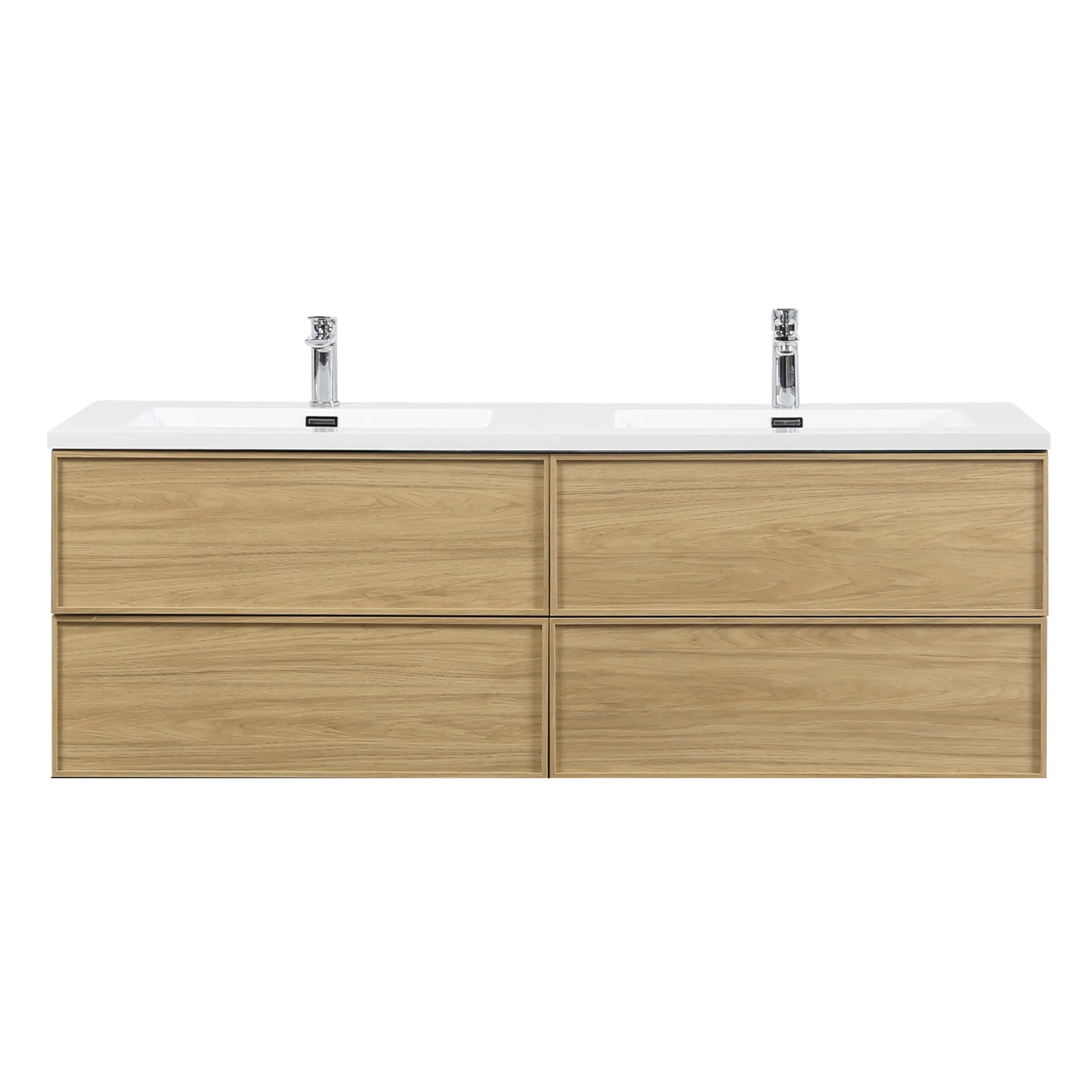 60" Sunset Walnut Wall Mount Double Sink Bathroom Vanity with White Polymarble Countertop-Migration_Bathroom Vanities-DECOROLALA