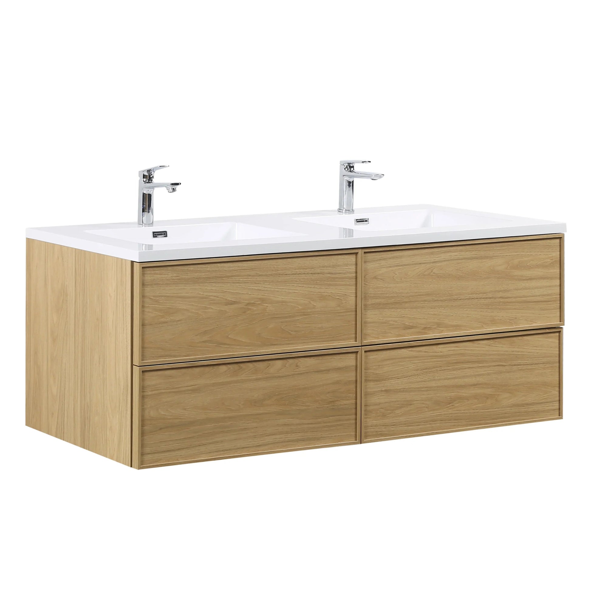 60" Sunset Walnut Wall Mount Double Sink Bathroom Vanity with White Polymarble Countertop-Migration_Bathroom Vanities-DECOROLALA