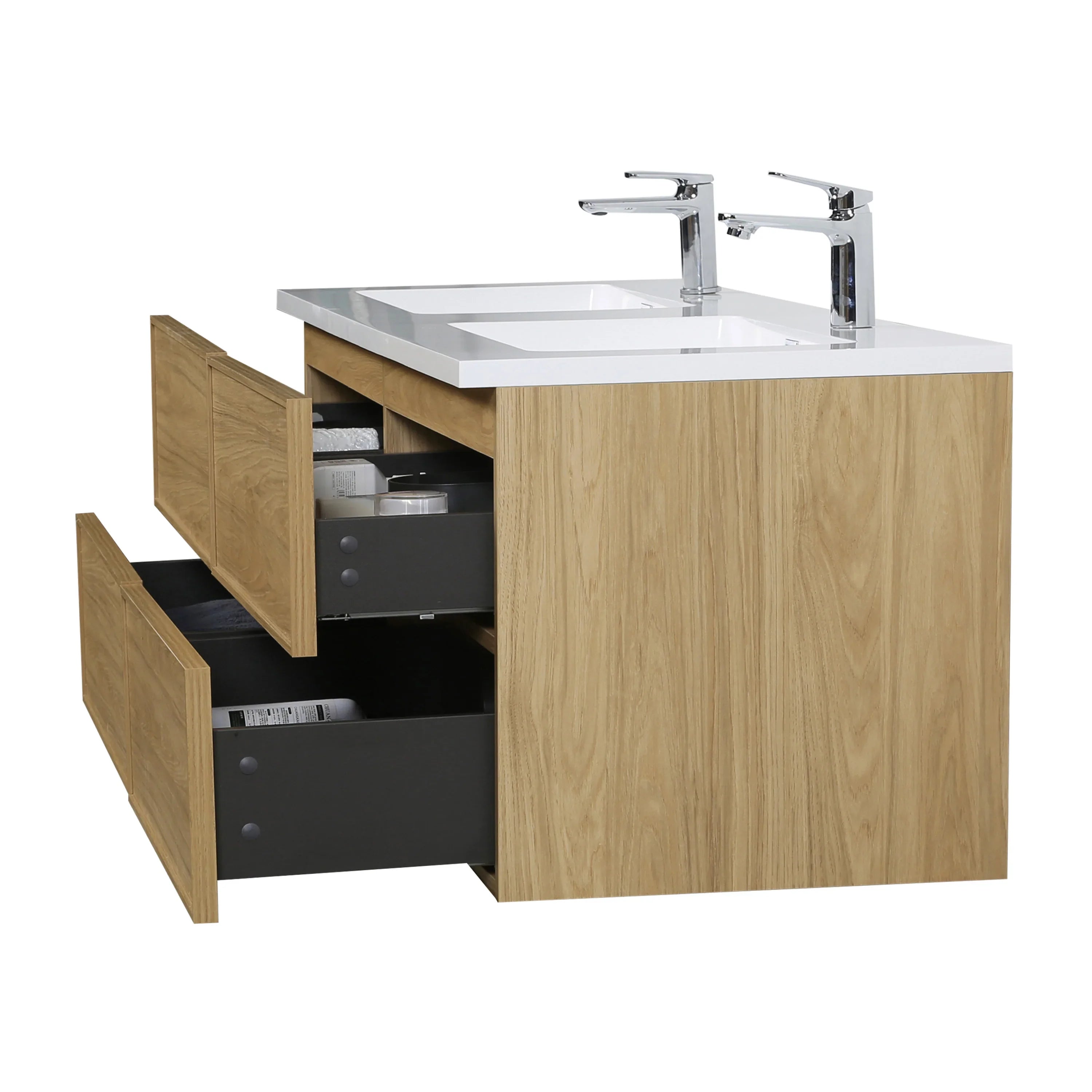 60" Sunset Walnut Wall Mount Double Sink Bathroom Vanity with White Polymarble Countertop-Migration_Bathroom Vanities-DECOROLALA