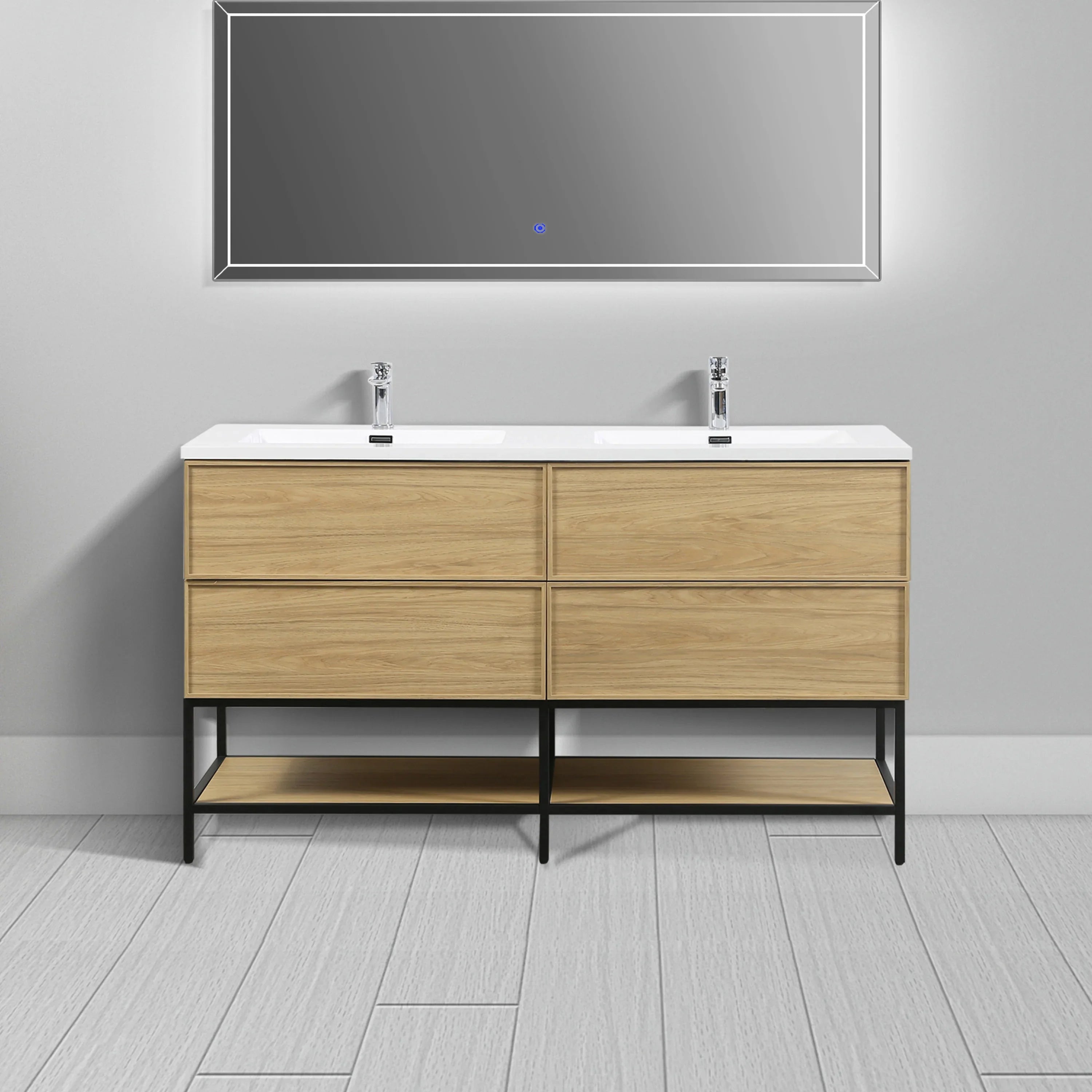 60" Sunset Walnut Wall Mount Double Sink Bathroom Vanity with White Polymarble Countertop-Migration_Bathroom Vanities-DECOROLALA