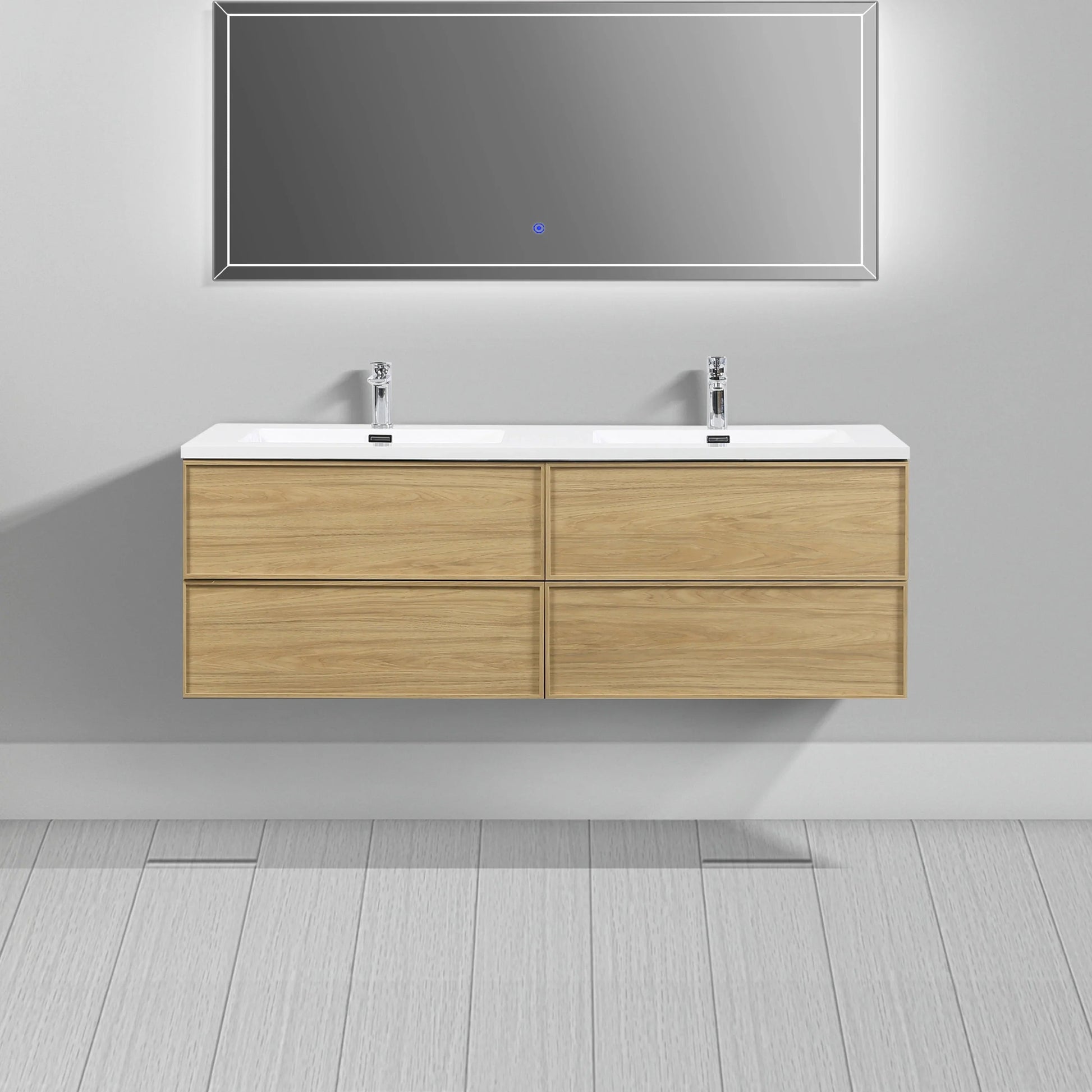 60" Sunset Walnut Wall Mount Double Sink Bathroom Vanity with White Polymarble Countertop-Migration_Bathroom Vanities-DECOROLALA