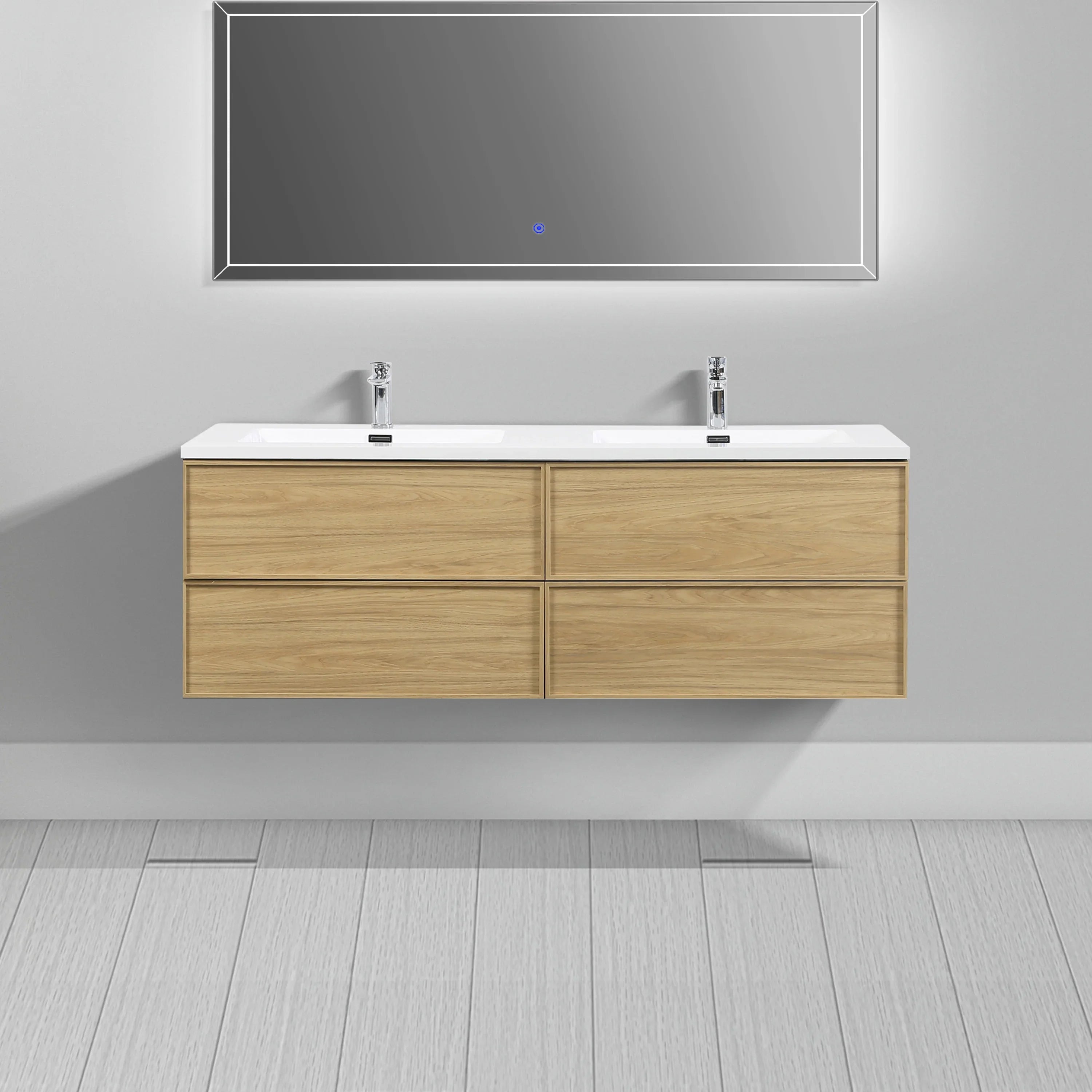 60" Sunset Walnut Wall Mount Double Sink Bathroom Vanity with White Polymarble Countertop-Migration_Bathroom Vanities-DECOROLALA