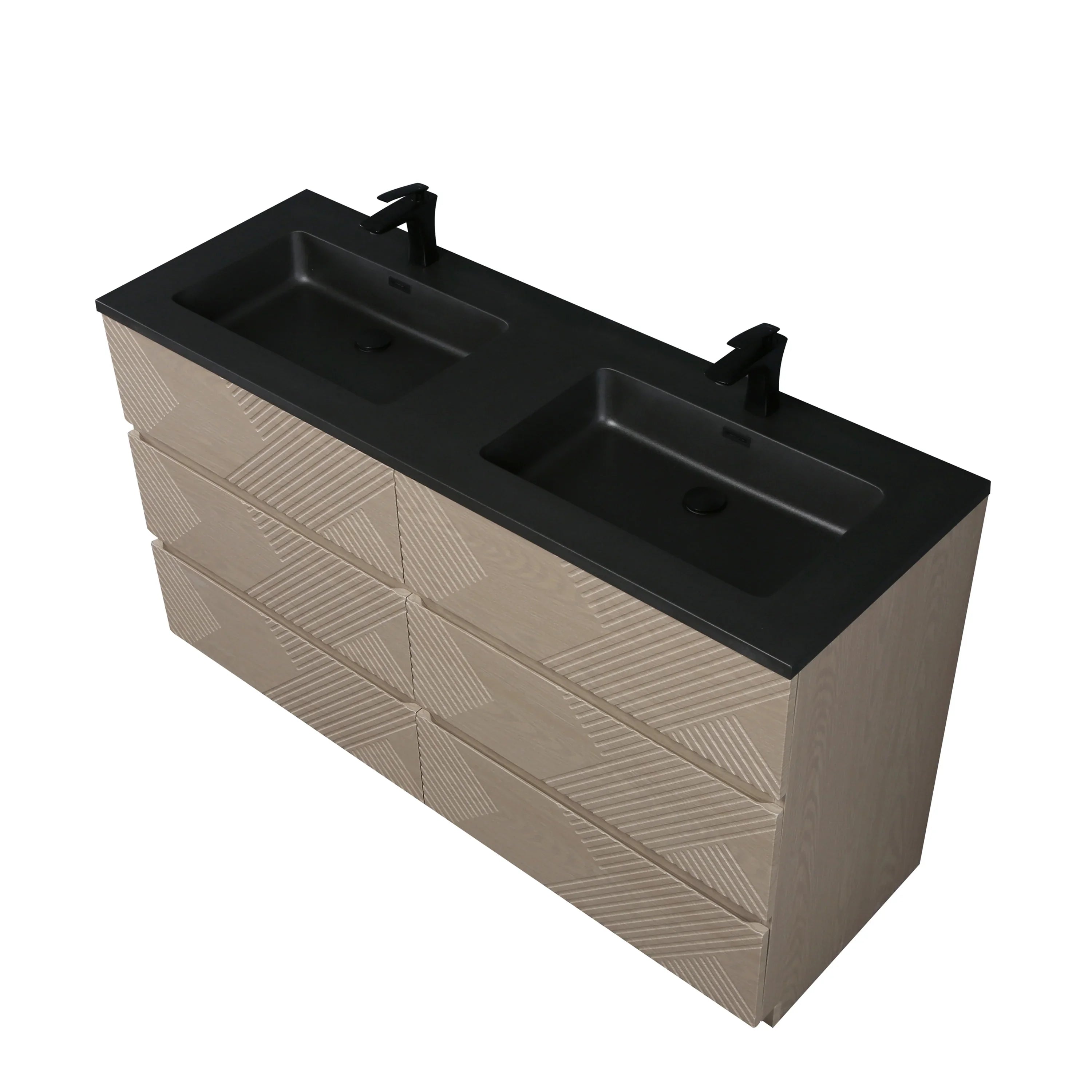 60" Taupe Oak Freestanding Double Sink Vanity with Black Engineered Quartz Countertop