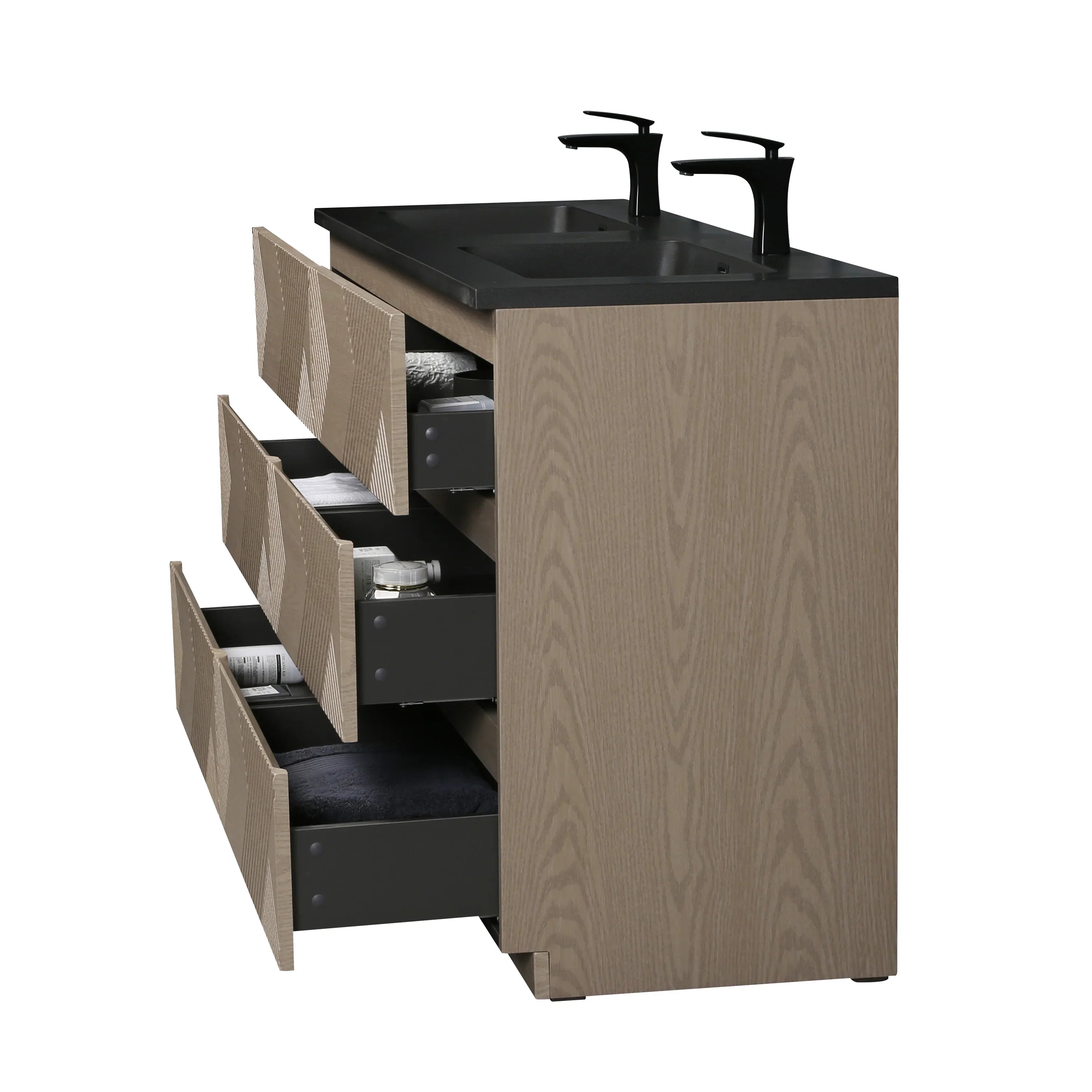 60" Taupe Oak Freestanding Double Sink Vanity with Black Engineered Quartz Countertop