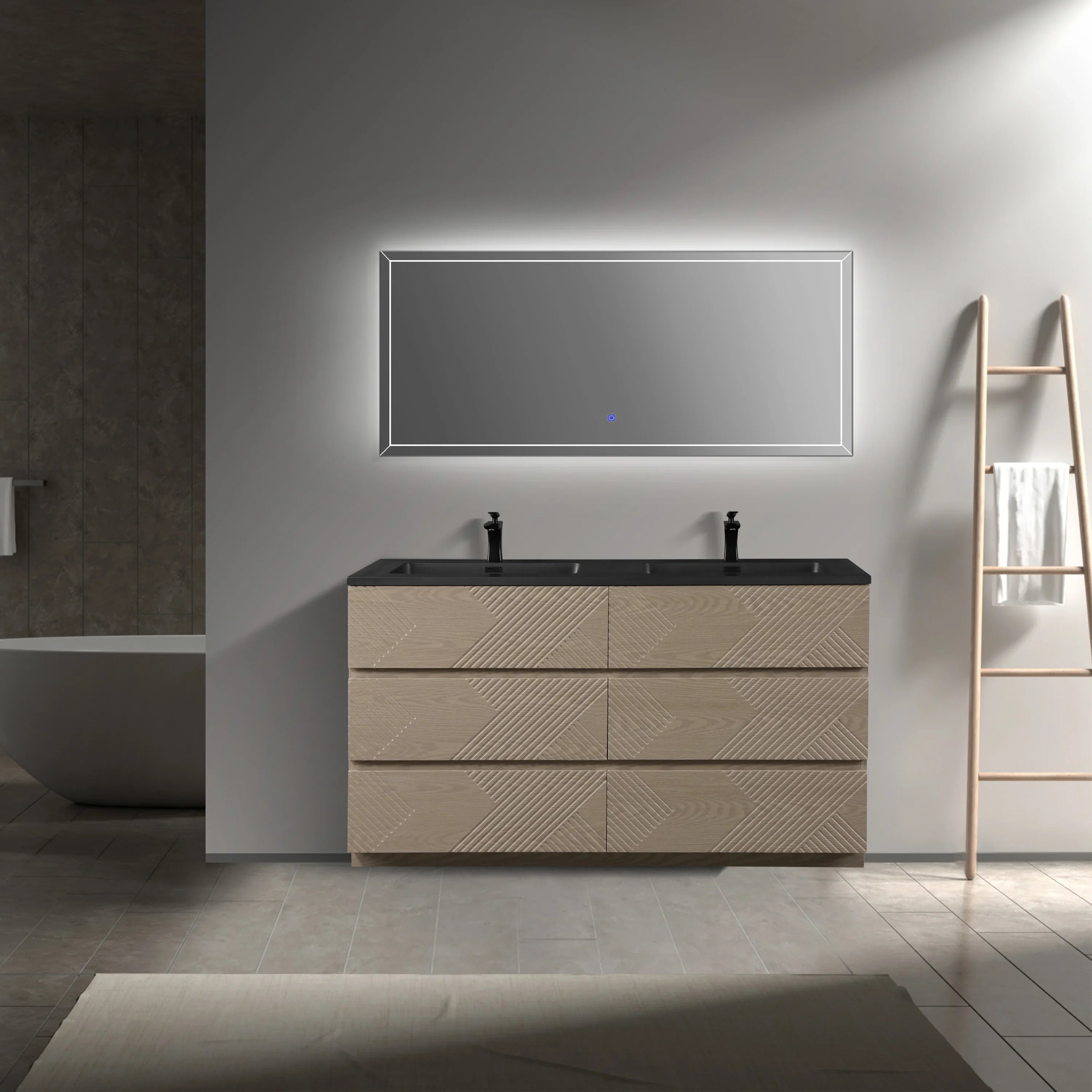 60" Taupe Oak Freestanding Double Sink Vanity with Black Engineered Quartz Countertop
