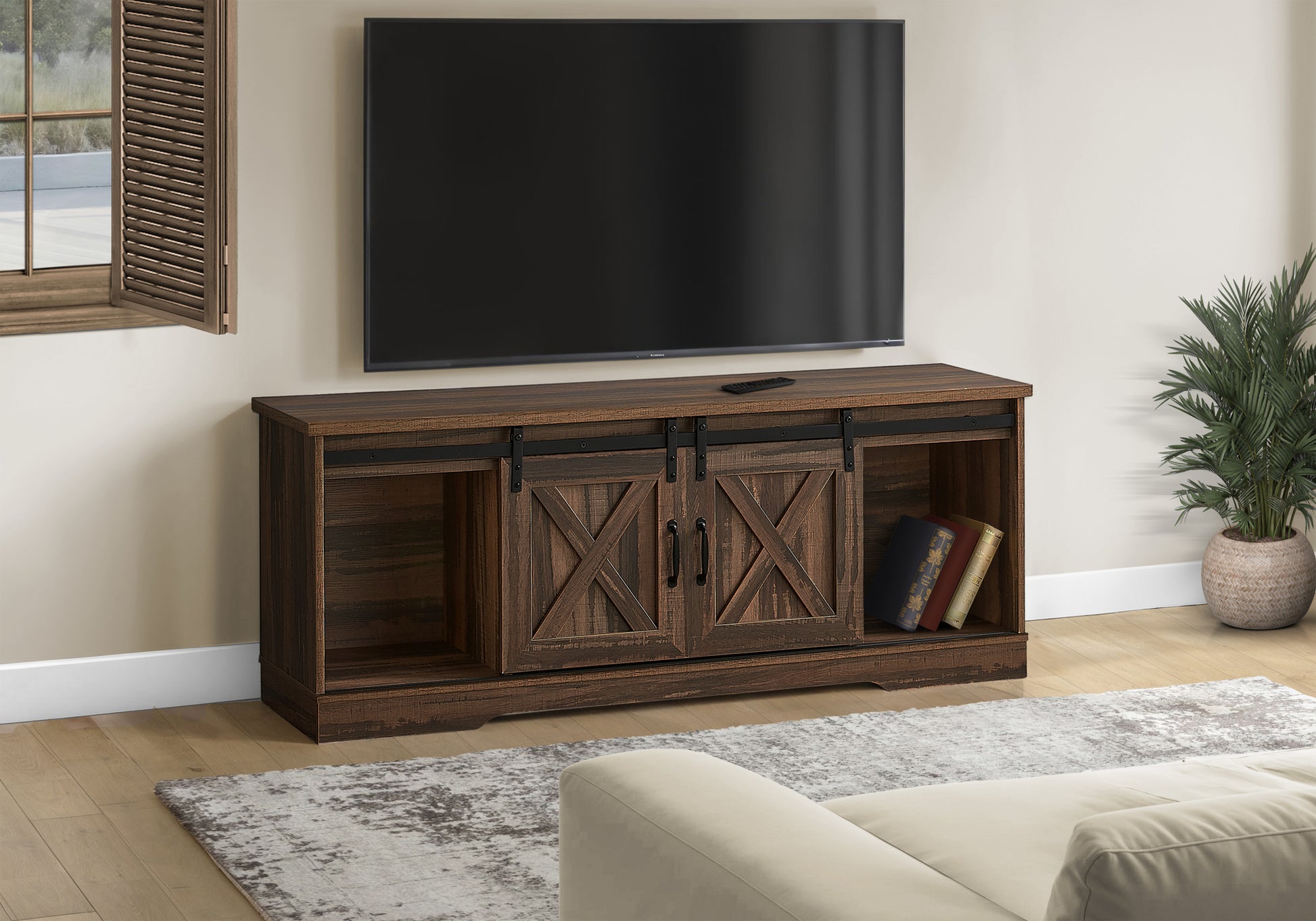 60" TV Stand with Sliding Doors, Dark Taupe-Bookshelf-DECOROLALA