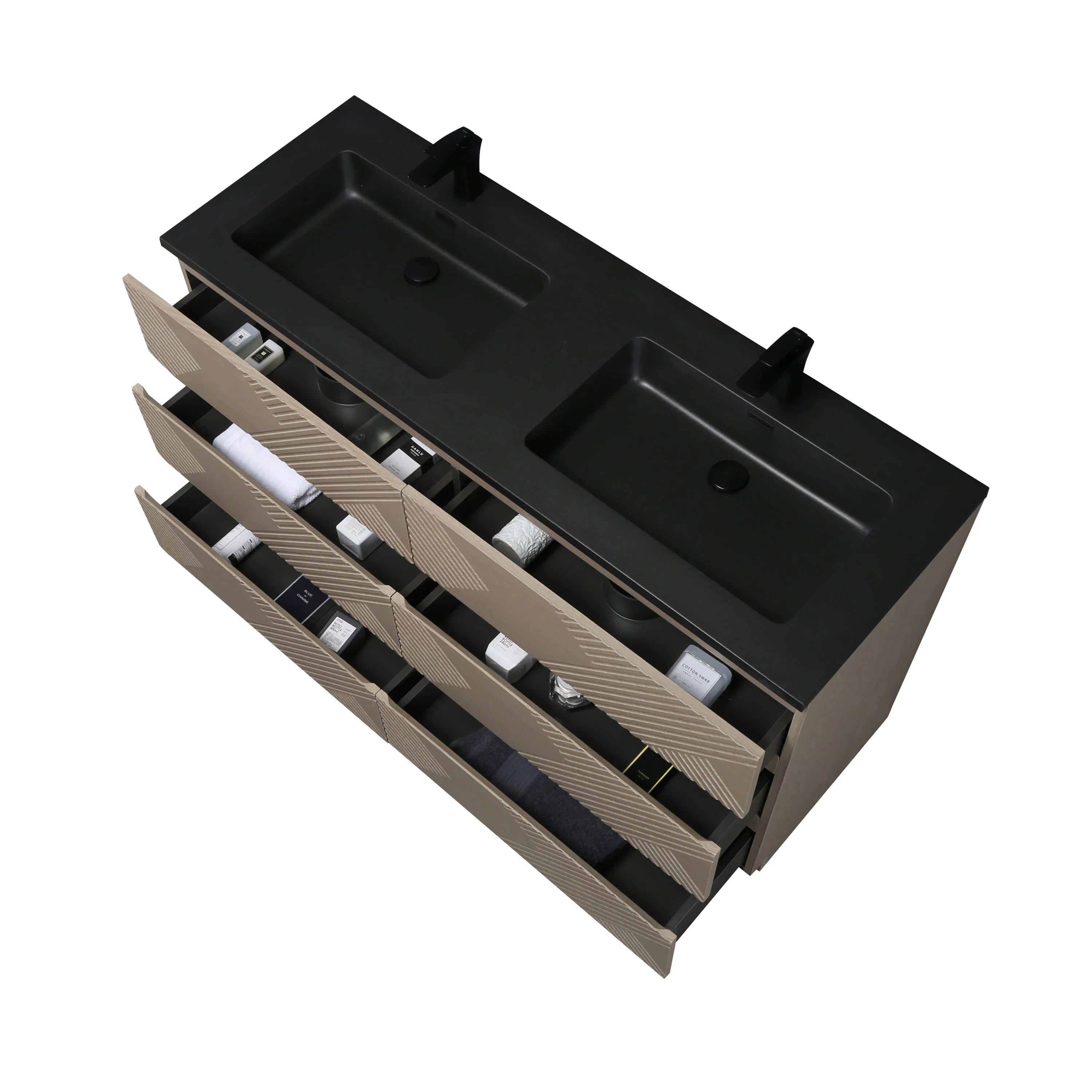 60" Taupe Oak Freestanding Double Sink Vanity with Black Engineered Quartz Countertop-Migration_Bathroom Vanities-DECOROLALA