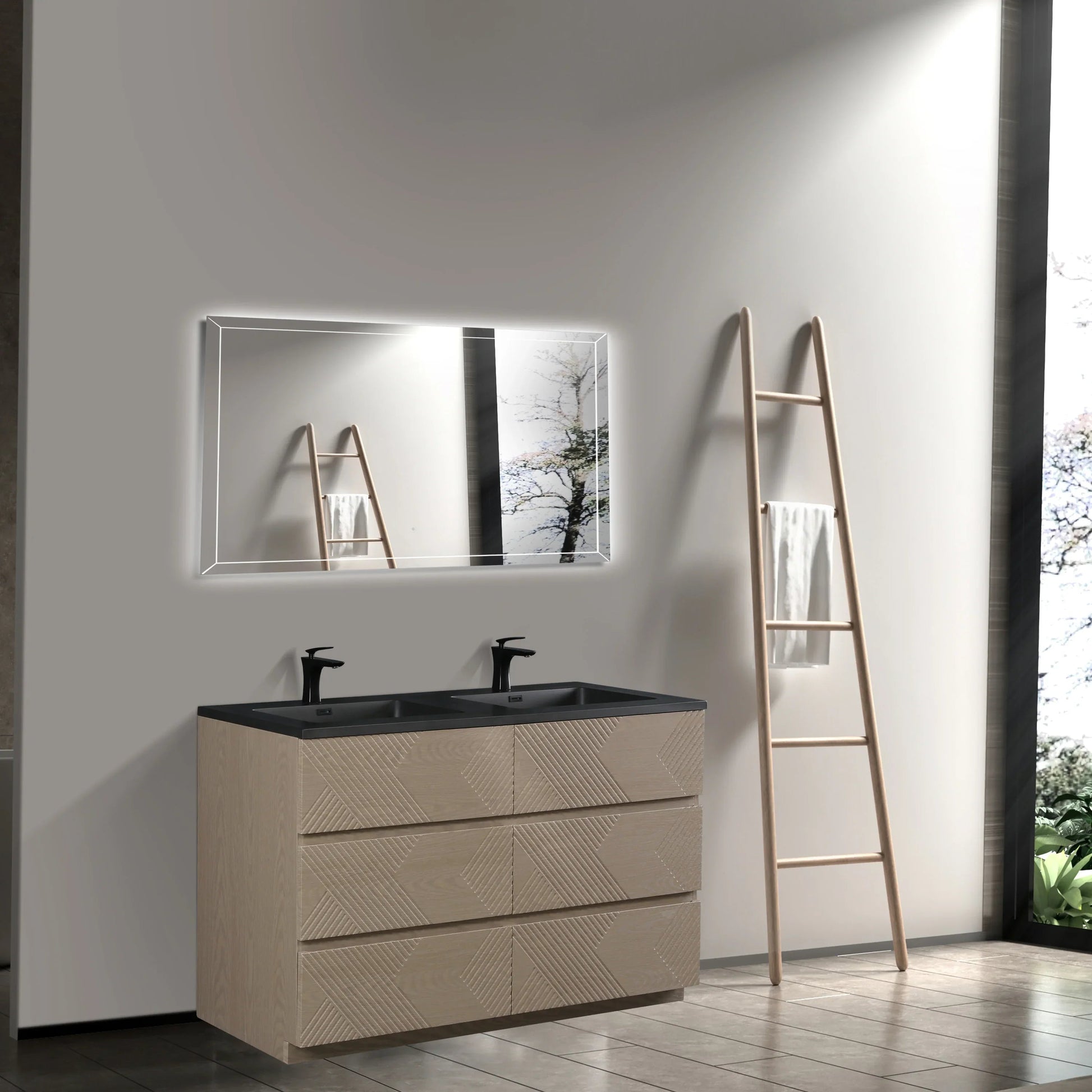 60" Taupe Oak Freestanding Double Sink Vanity with Black Engineered Quartz Countertop-Migration_Bathroom Vanities-DECOROLALA