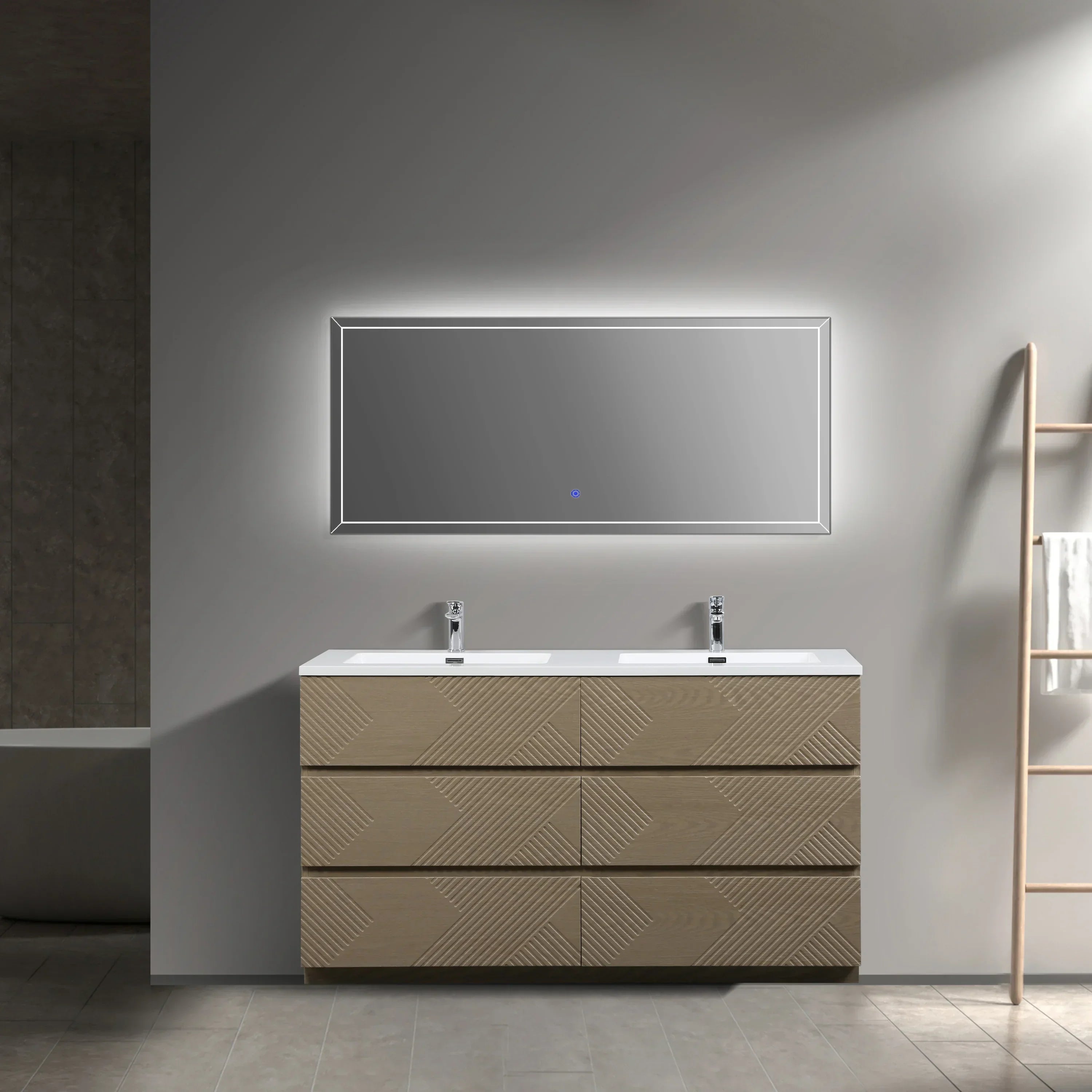 60" Taupe Oak Freestanding Double Sink Vanity with White Polymarble Countertop-Migration_Bathroom Vanities-DECOROLALA