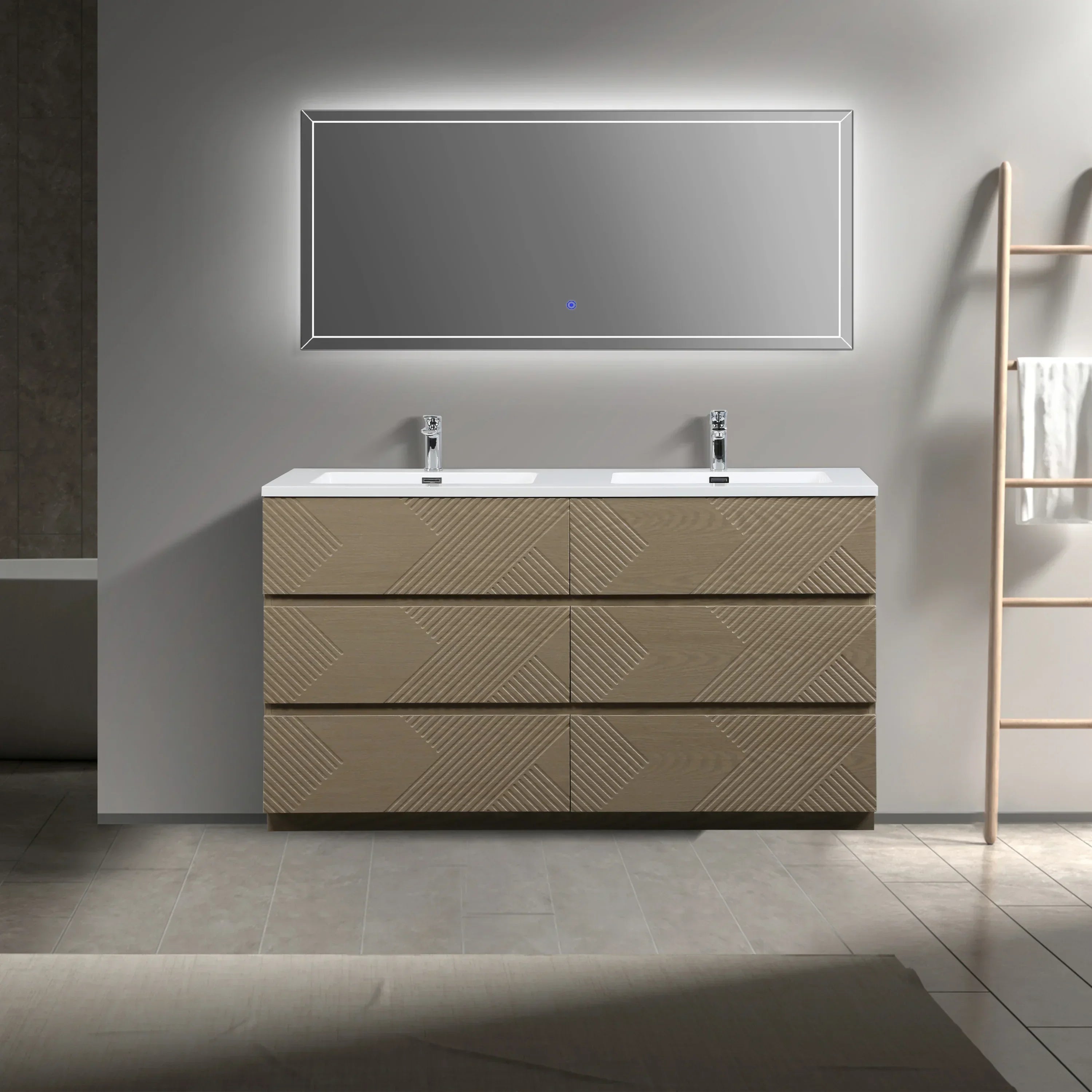 60" Taupe Oak Freestanding Double Sink Vanity with White Polymarble Countertop-Migration_Bathroom Vanities-DECOROLALA