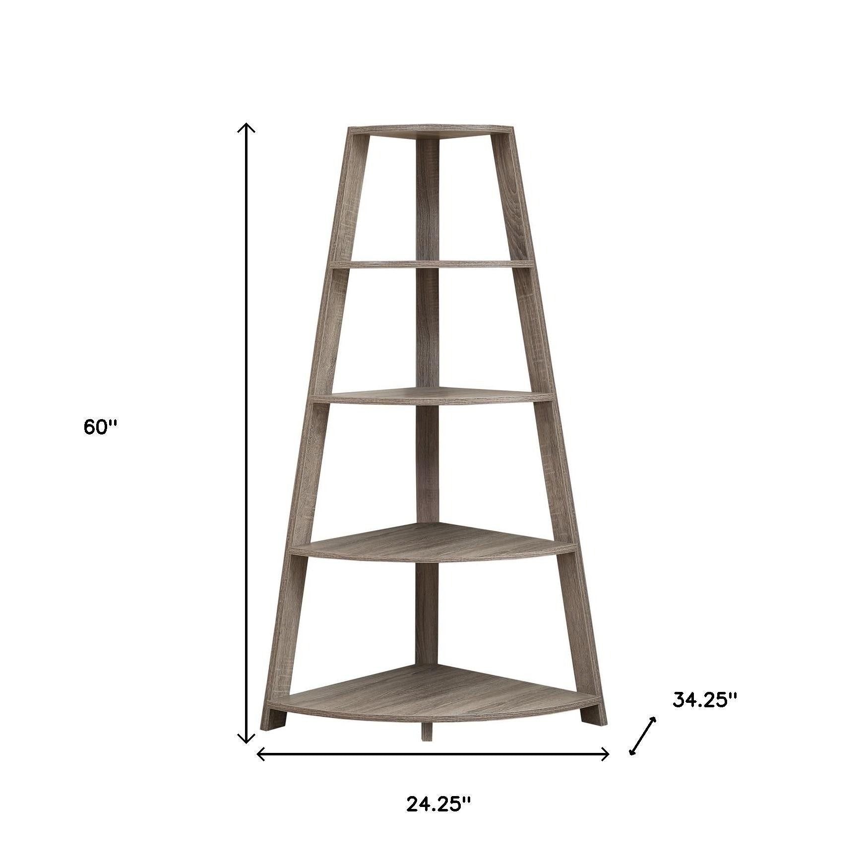 60" Taupe Wood Four Tier Corner Bookcase-Bookcases-DECOROLALA