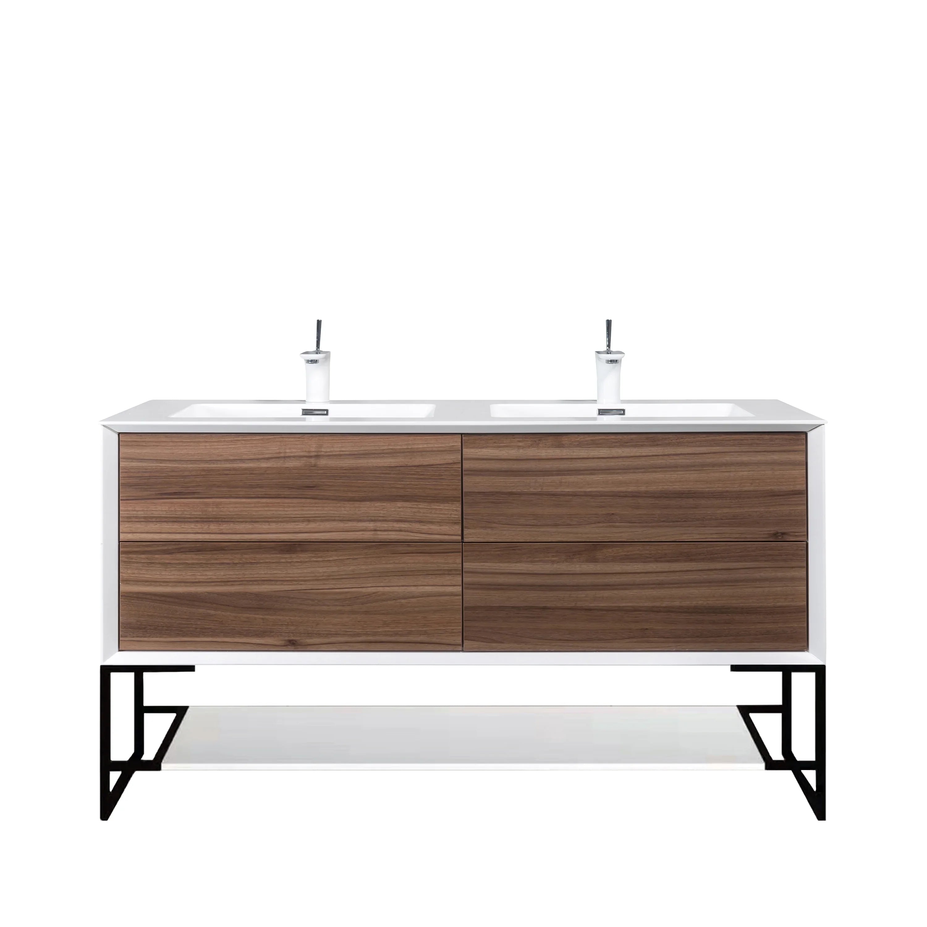 60" Walnut Wall Mount Double Sink Bathroom Vanity with White Polymarble Countertop Fleur