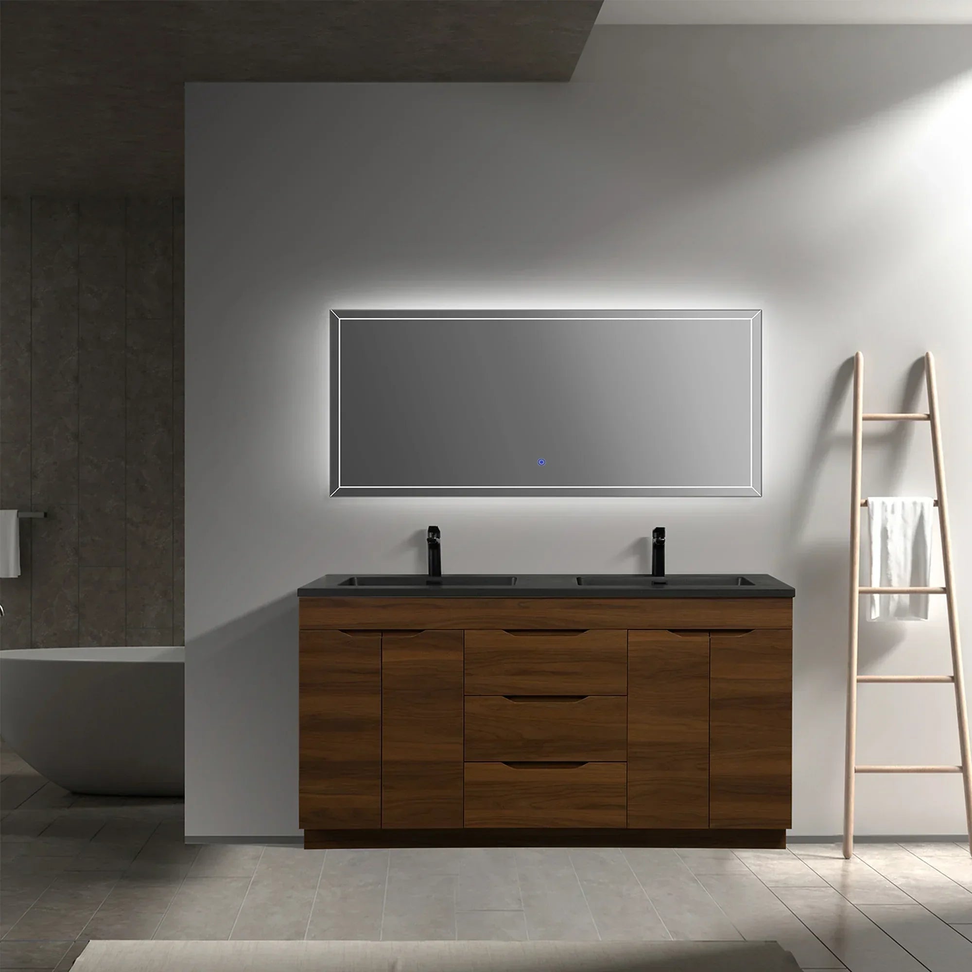 60" Walnut Freestanding Double Sink Bathroom Vanity with Black Engineered Quartz Countertop-Migration_Bathroom Vanities-DECOROLALA