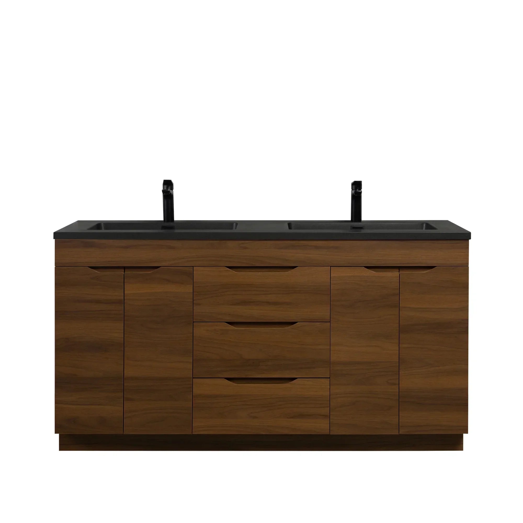 60" Walnut Freestanding Double Sink Bathroom Vanity with Black Engineered Quartz Countertop-Migration_Bathroom Vanities-DECOROLALA
