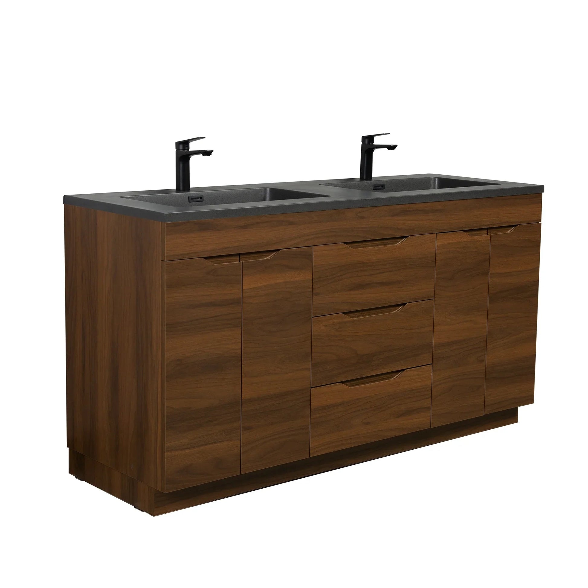 60" Walnut Freestanding Double Sink Bathroom Vanity with Black Engineered Quartz Countertop-Migration_Bathroom Vanities-DECOROLALA