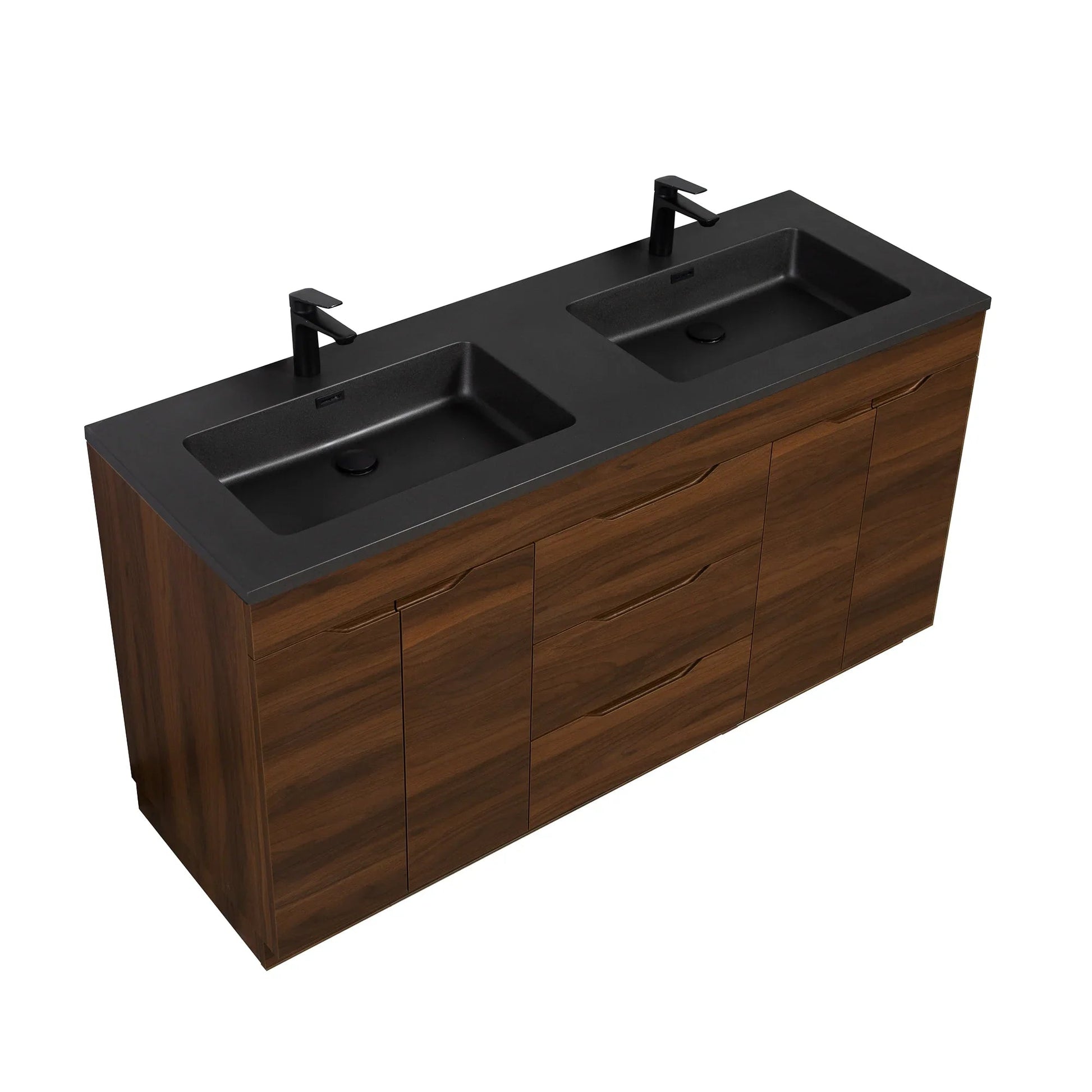 60" Walnut Freestanding Double Sink Bathroom Vanity with Black Engineered Quartz Countertop-Migration_Bathroom Vanities-DECOROLALA