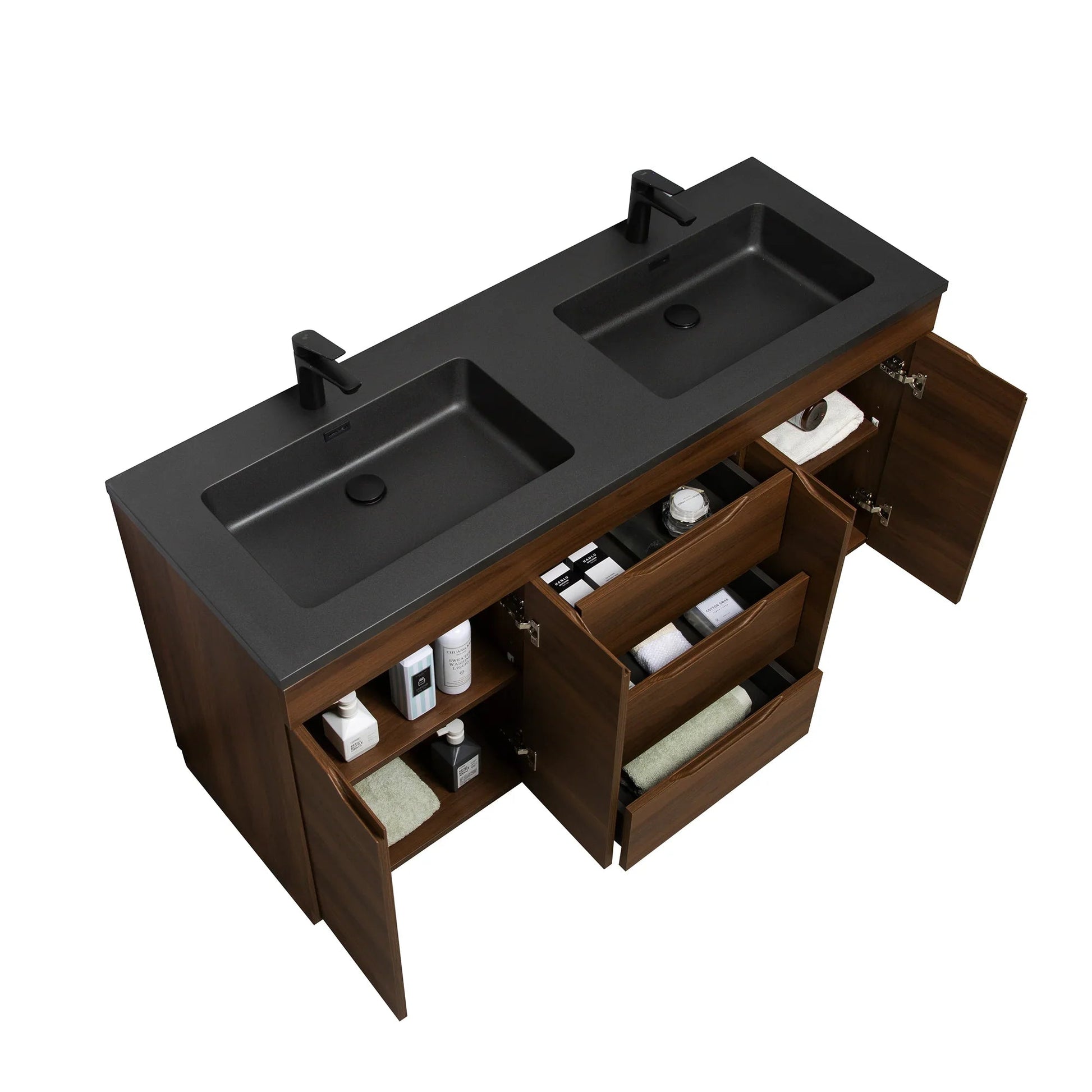 60" Walnut Freestanding Double Sink Bathroom Vanity with Black Engineered Quartz Countertop-Migration_Bathroom Vanities-DECOROLALA