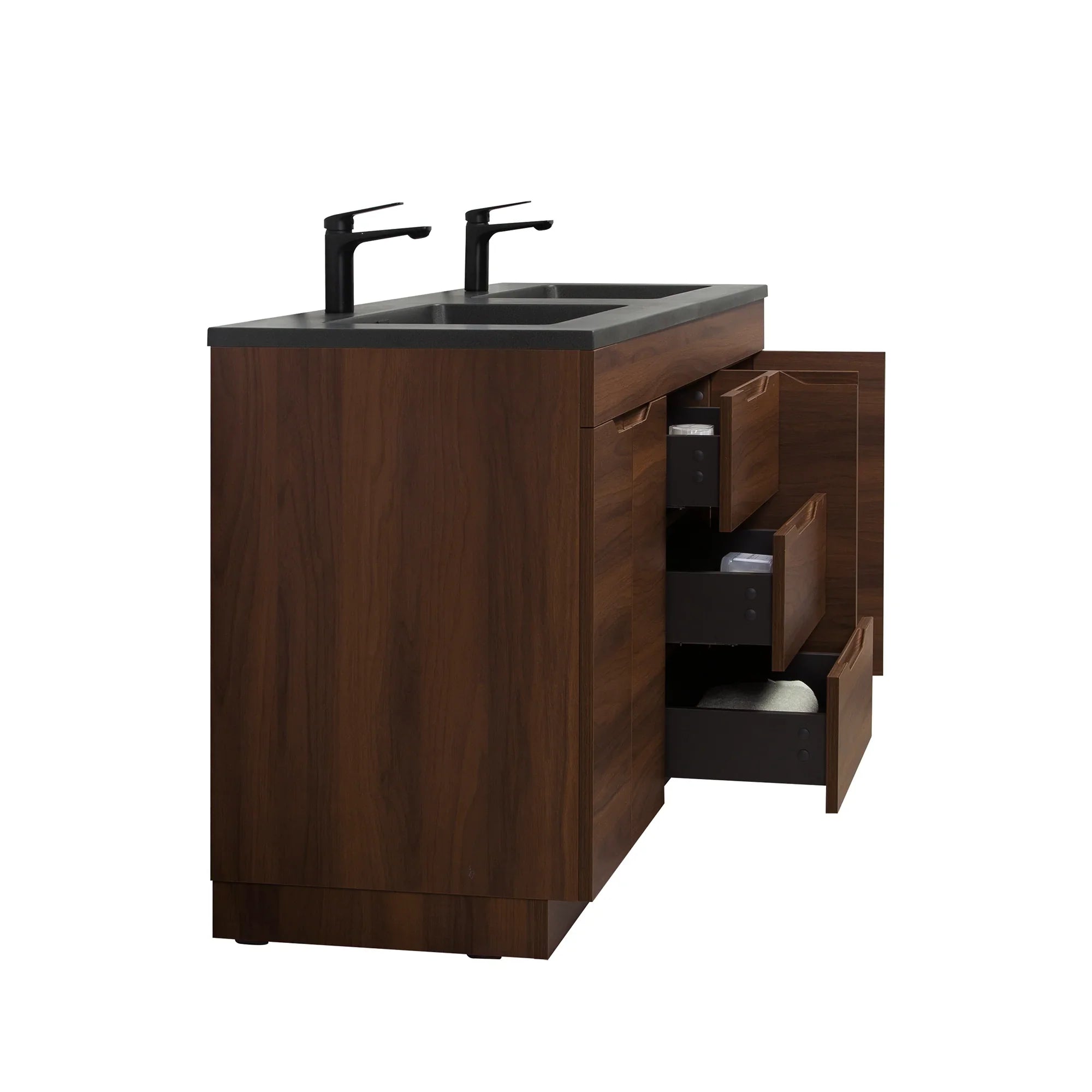 60" Walnut Freestanding Double Sink Bathroom Vanity with Black Engineered Quartz Countertop-Migration_Bathroom Vanities-DECOROLALA