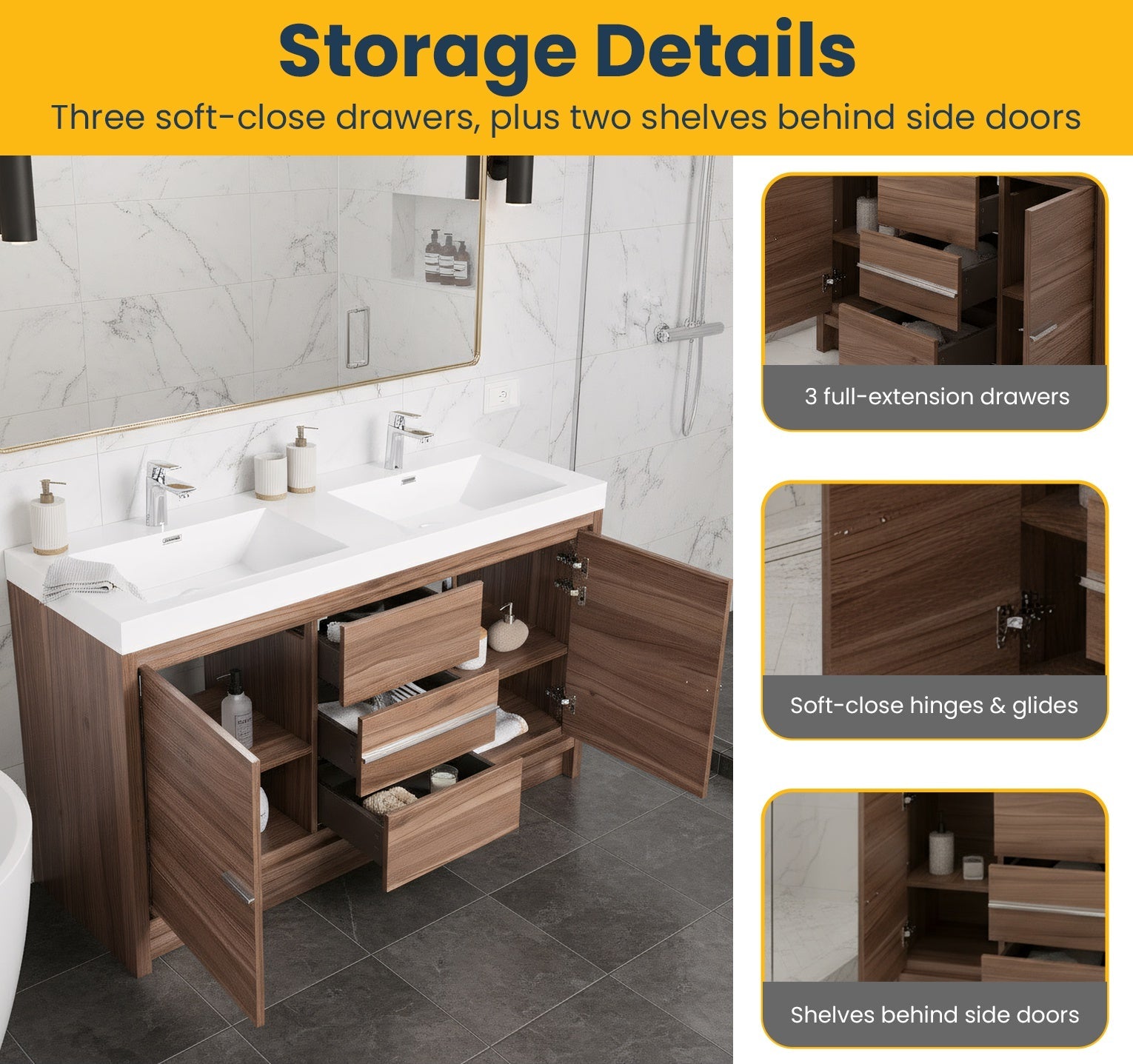 60" Walnut Freestanding Double Sink Bathroom Vanity with White Polymarble Countertop-Migration_Bathroom Vanities-DECOROLALA