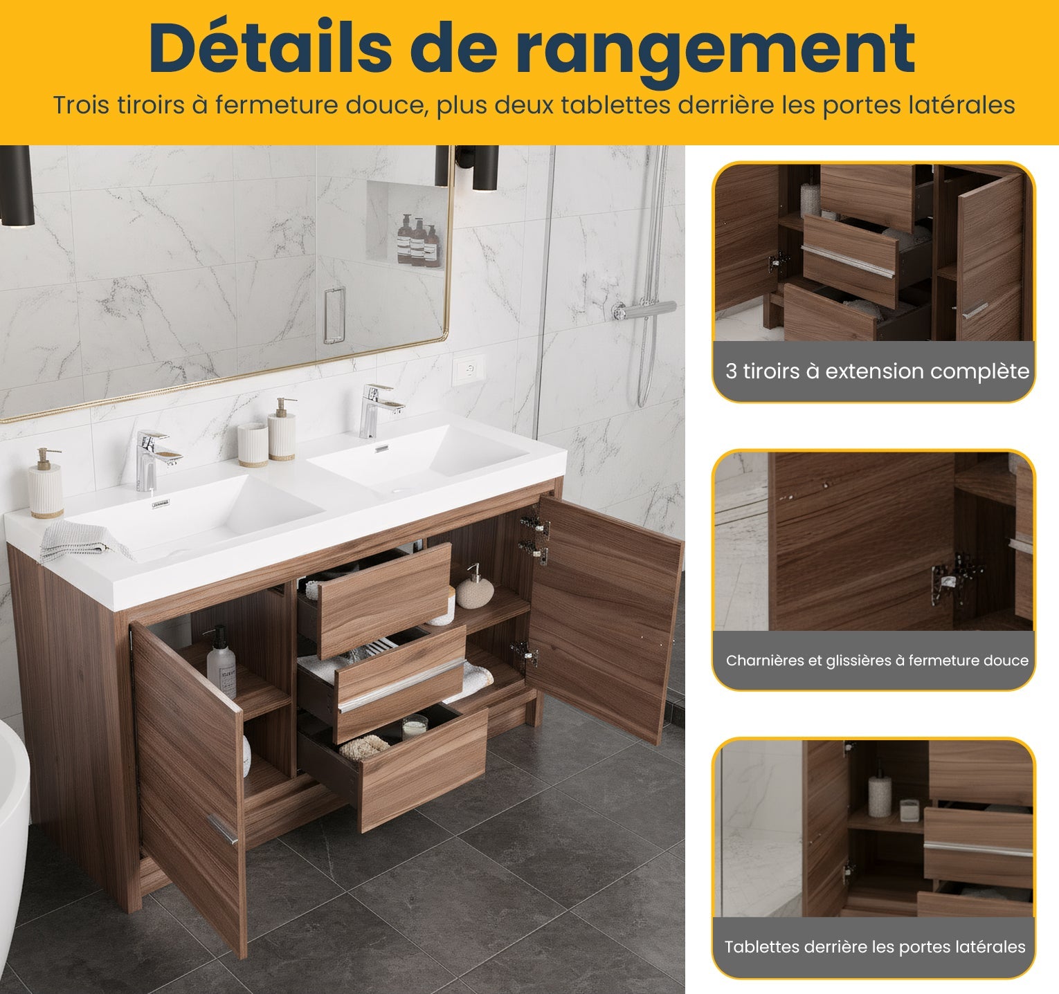 60" Walnut Freestanding Double Sink Bathroom Vanity with White Polymarble Countertop-Migration_Bathroom Vanities-DECOROLALA