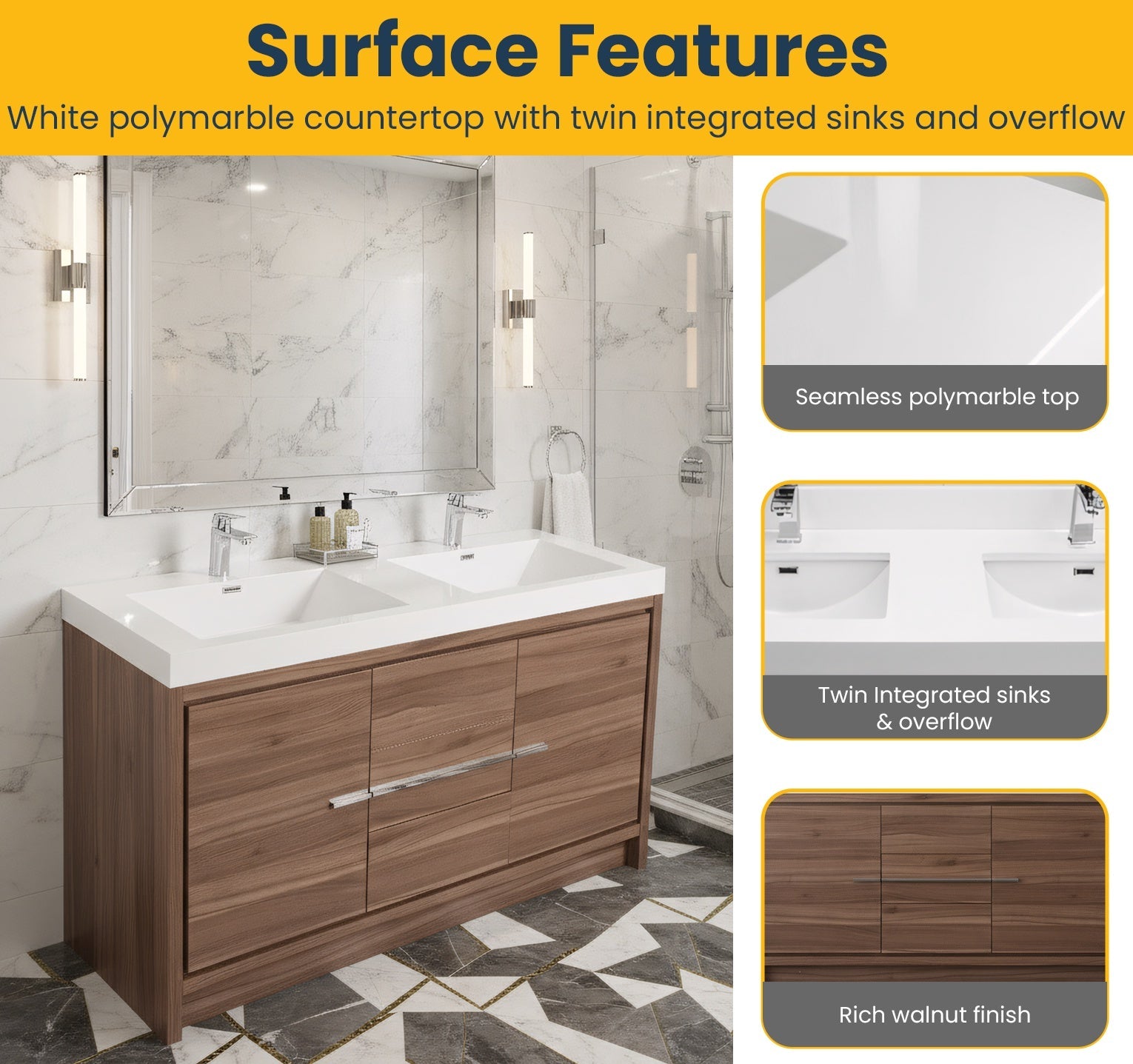 60" Walnut Freestanding Double Sink Bathroom Vanity with White Polymarble Countertop-Migration_Bathroom Vanities-DECOROLALA