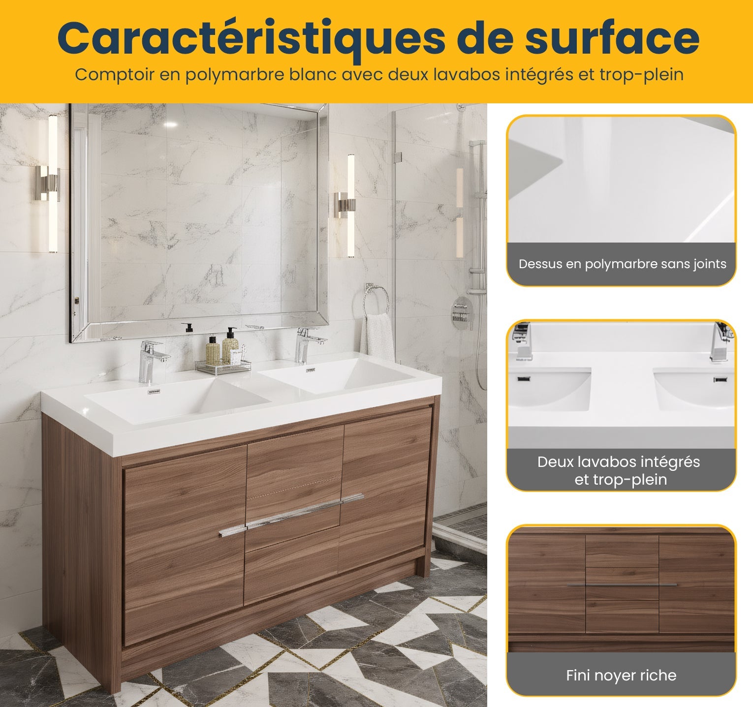 60" Walnut Freestanding Double Sink Bathroom Vanity with White Polymarble Countertop-Migration_Bathroom Vanities-DECOROLALA