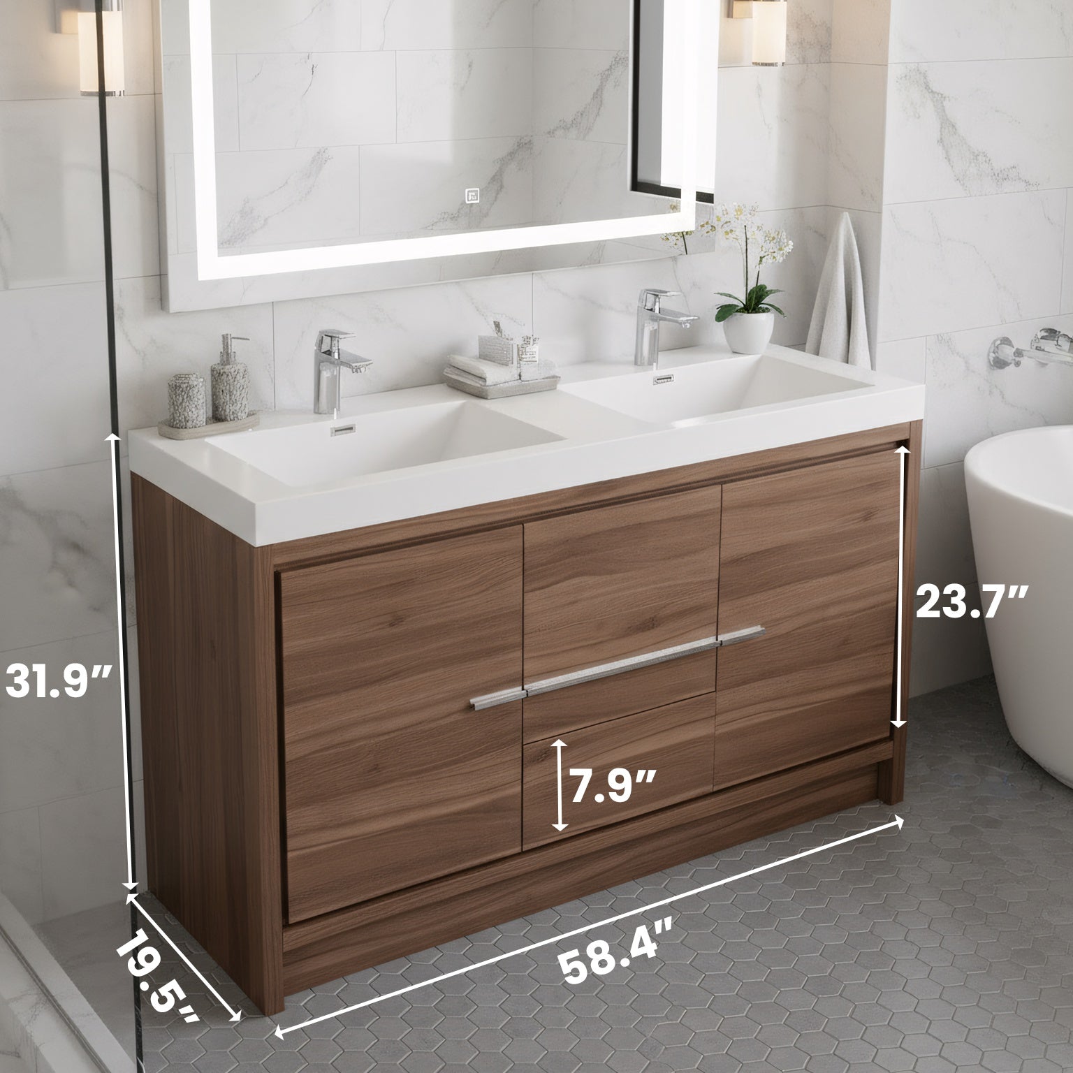 60" Walnut Freestanding Double Sink Bathroom Vanity with White Polymarble Countertop-Migration_Bathroom Vanities-DECOROLALA