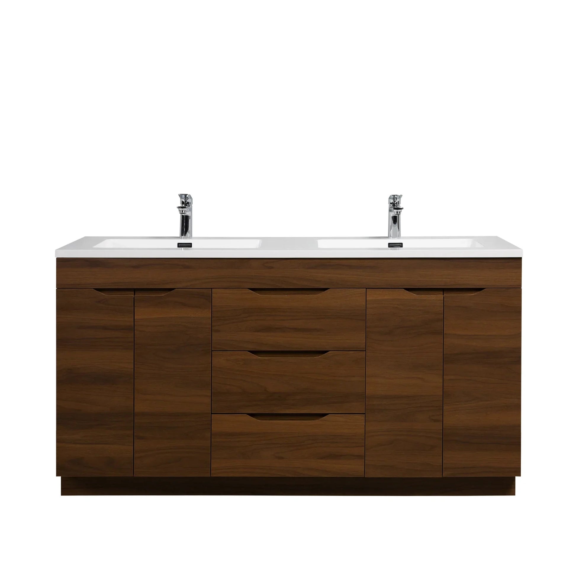 60" Walnut Freestanding Double Sink Bathroom Vanity with White Polymarble Countertop-Migration_Bathroom Vanities-DECOROLALA