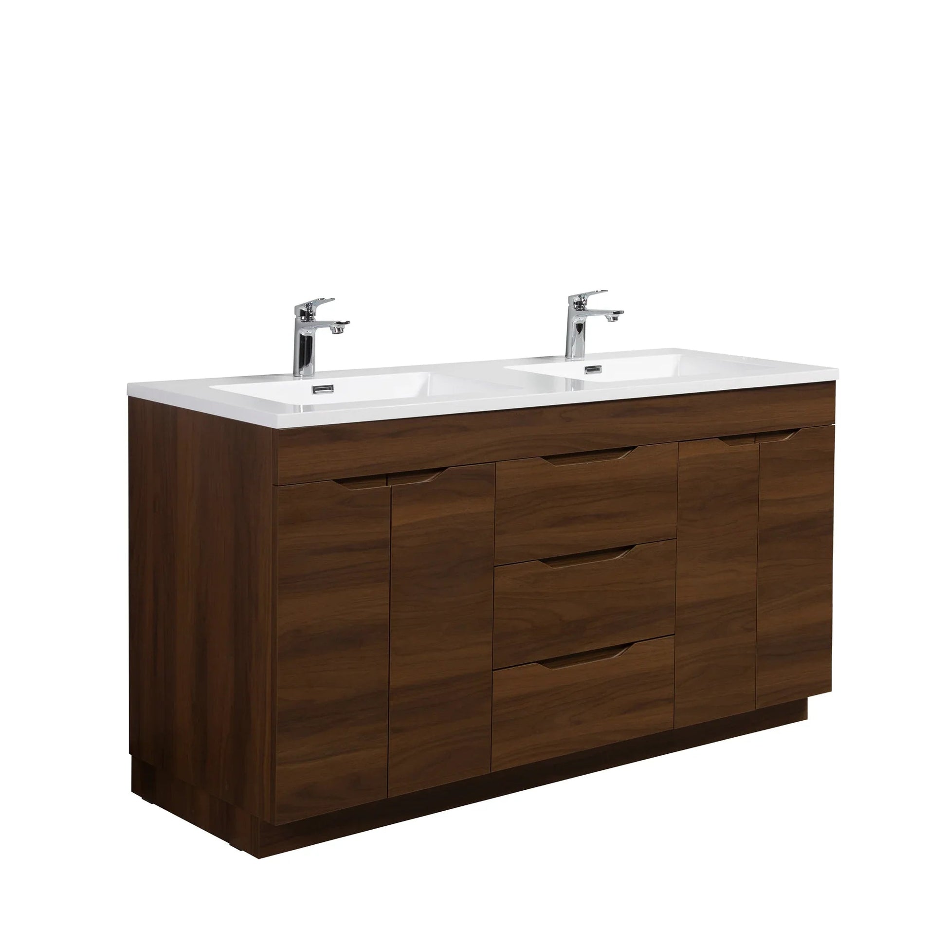 60" Walnut Freestanding Double Sink Bathroom Vanity with White Polymarble Countertop-Migration_Bathroom Vanities-DECOROLALA