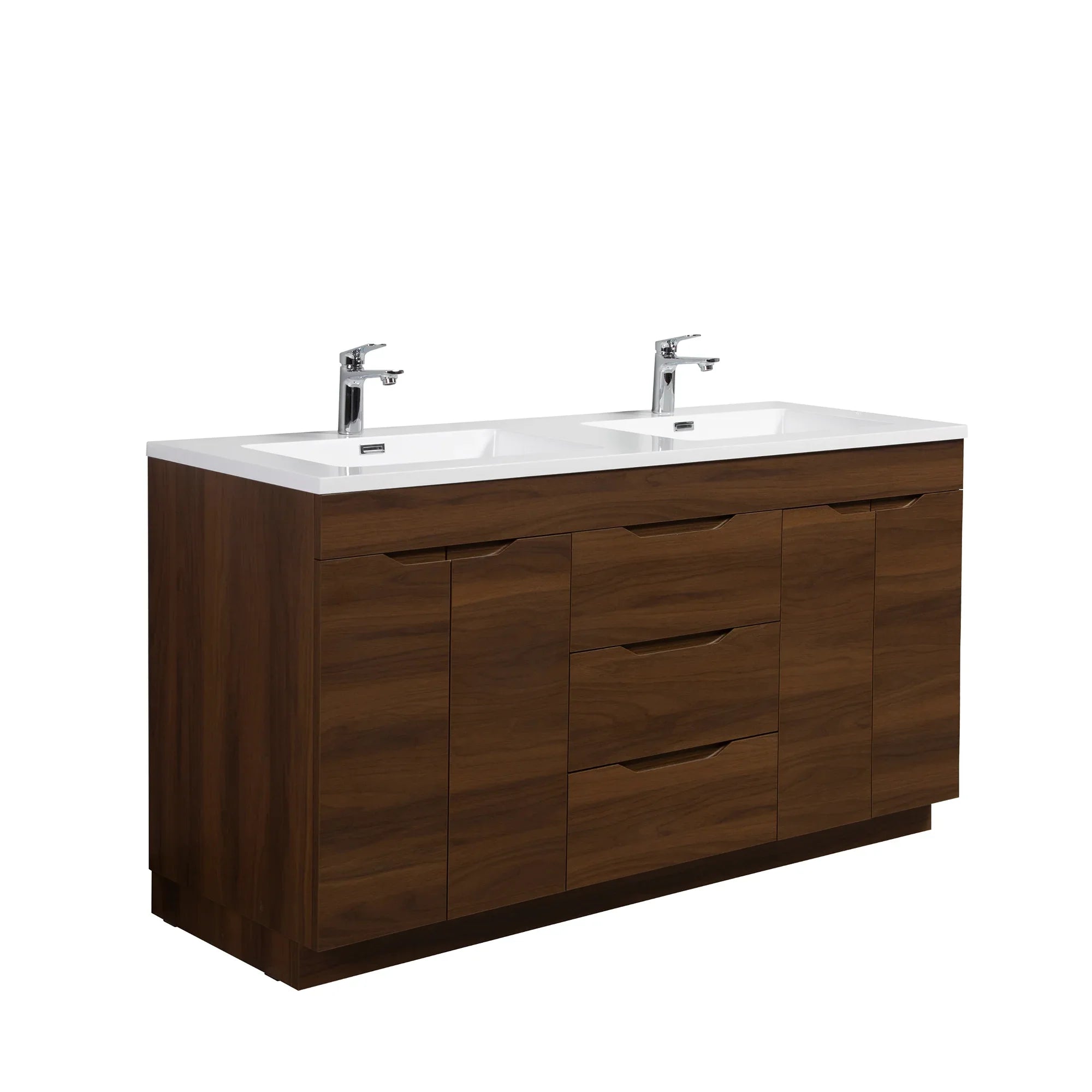 60" Walnut Freestanding Double Sink Bathroom Vanity with White Polymarble Countertop-Migration_Bathroom Vanities-DECOROLALA