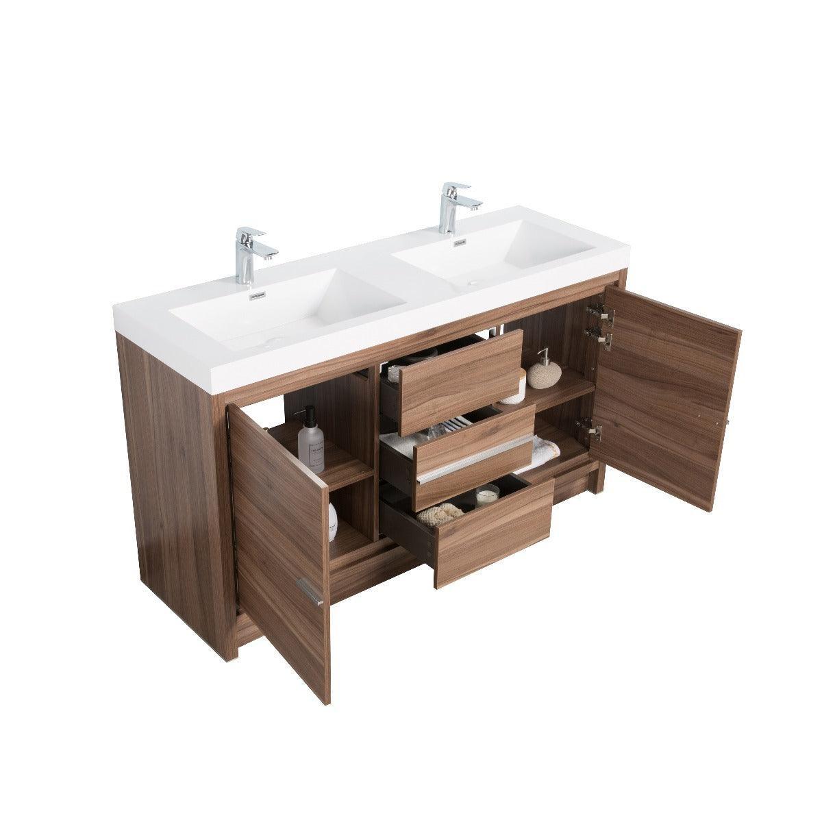 60" Walnut Freestanding Double Sink Bathroom Vanity with White Polymarble Countertop-Migration_Bathroom Vanities-DECOROLALA