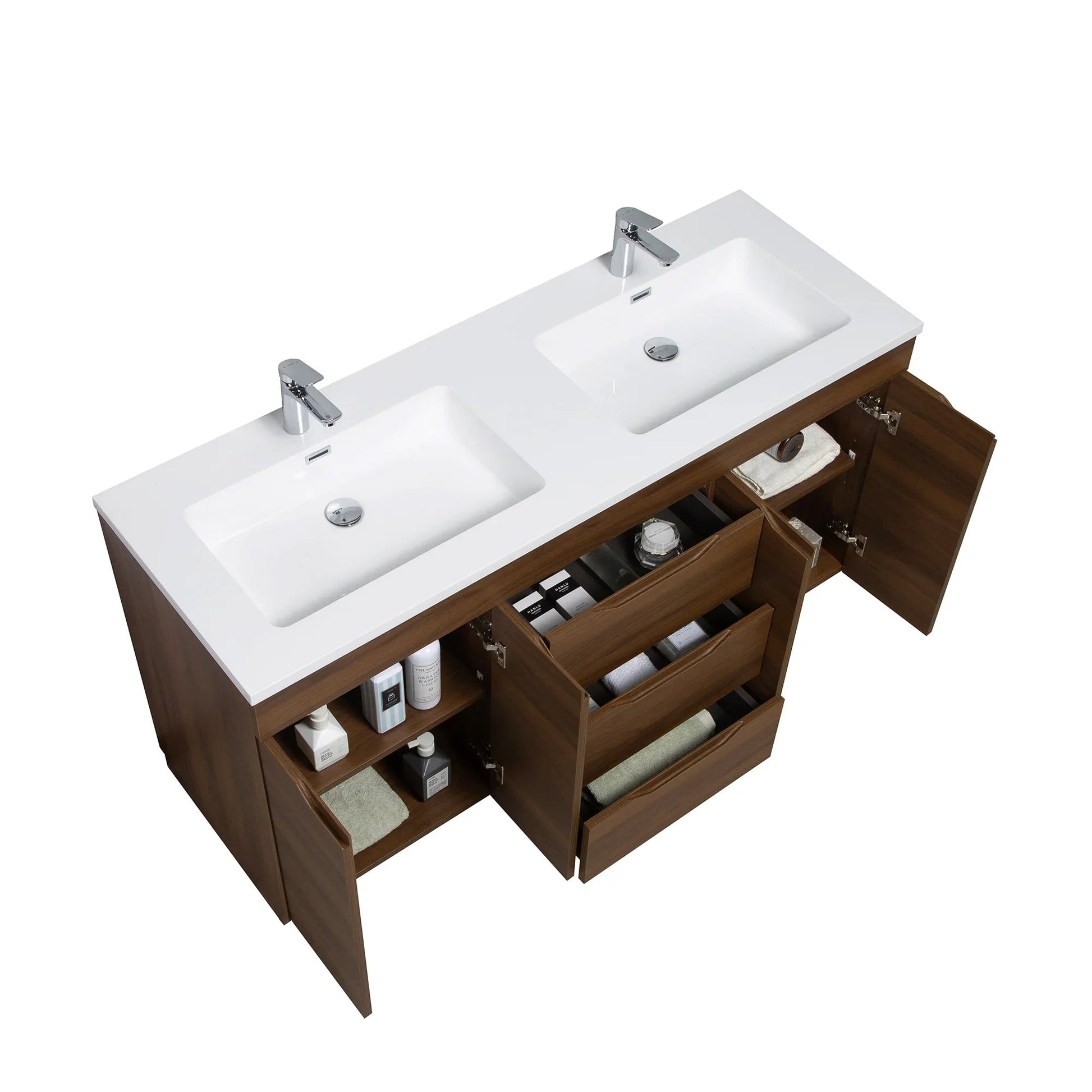 60" Walnut Freestanding Double Sink Bathroom Vanity with White Polymarble Countertop-Migration_Bathroom Vanities-DECOROLALA