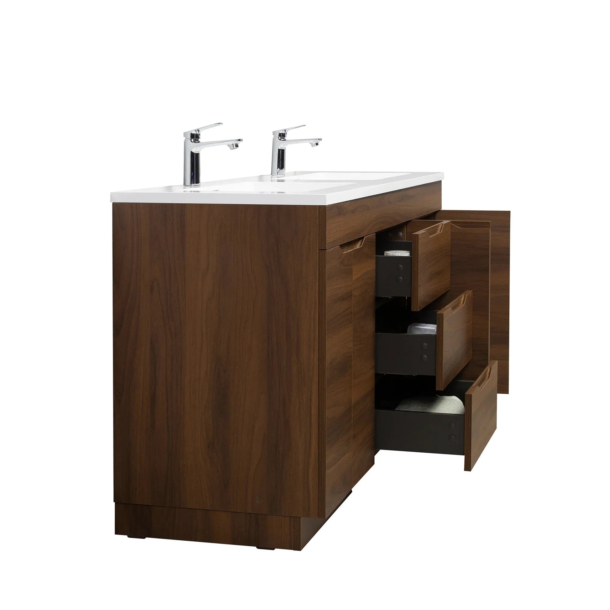 60" Walnut Freestanding Double Sink Bathroom Vanity with White Polymarble Countertop-Migration_Bathroom Vanities-DECOROLALA
