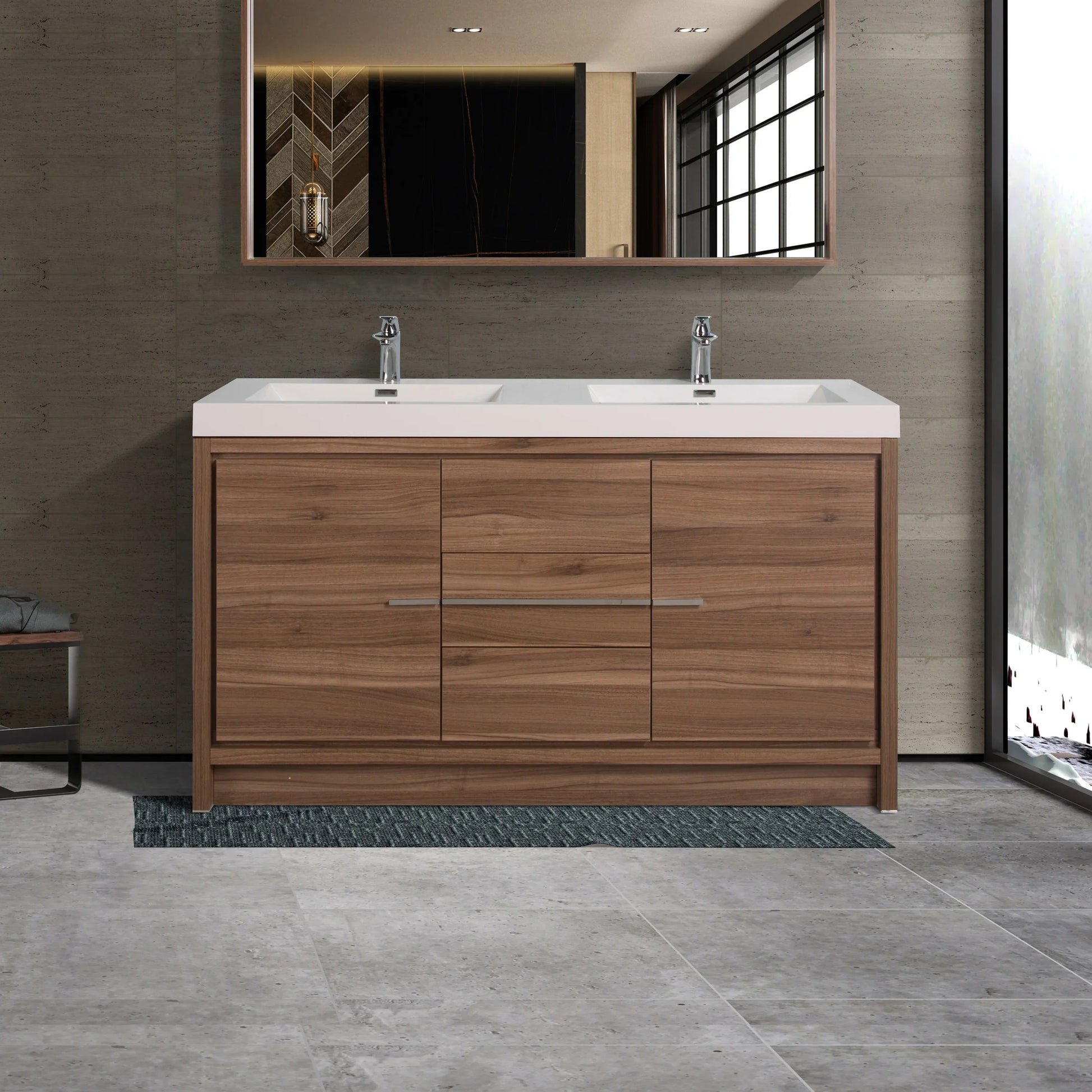 60" Walnut Freestanding Double Sink Bathroom Vanity with White Polymarble Countertop-Migration_Bathroom Vanities-DECOROLALA