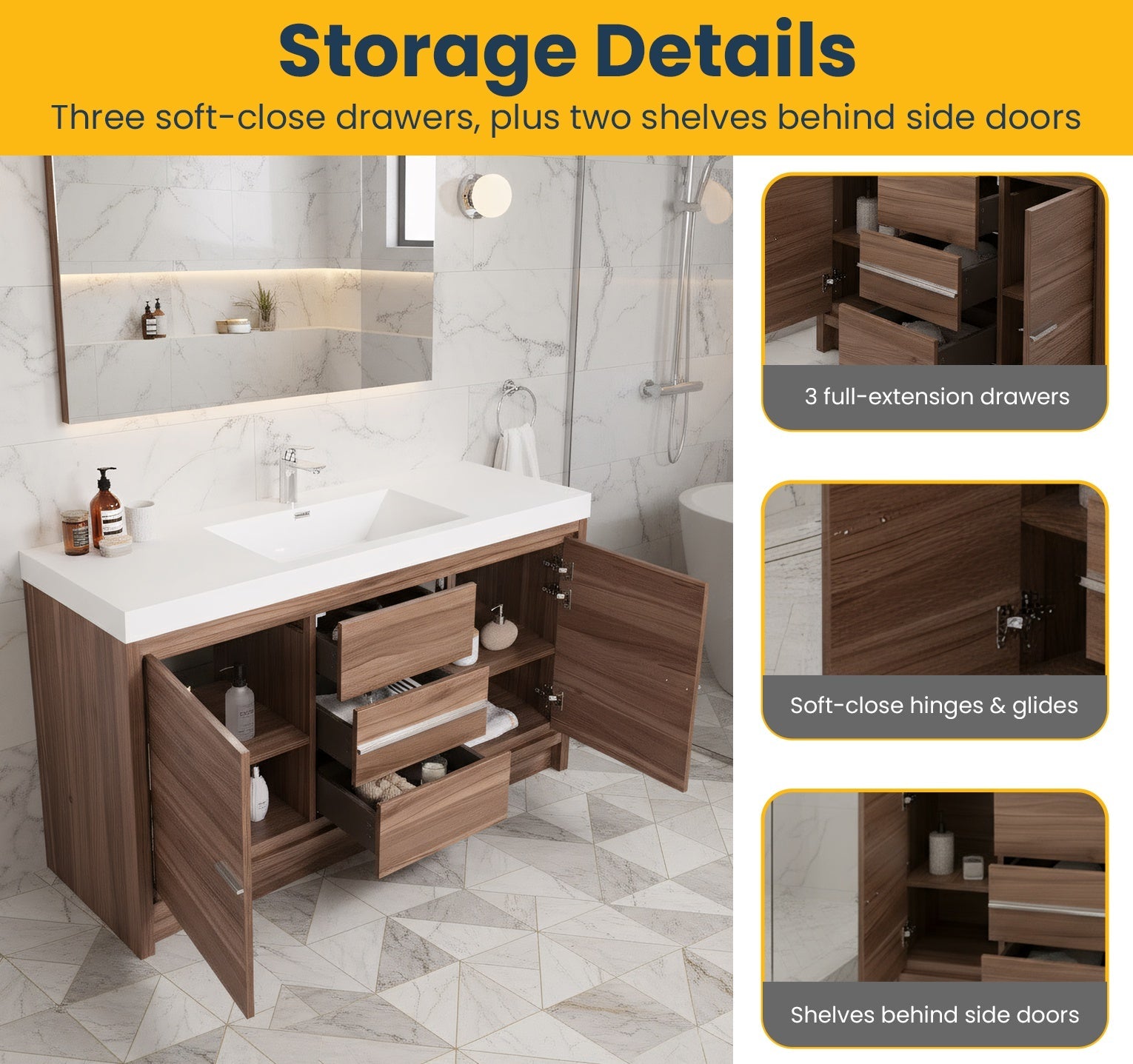 60" Walnut Freestanding Single Sink Bathroom Vanity with White Polymarble Countertop-Migration_Bathroom Vanities-DECOROLALA