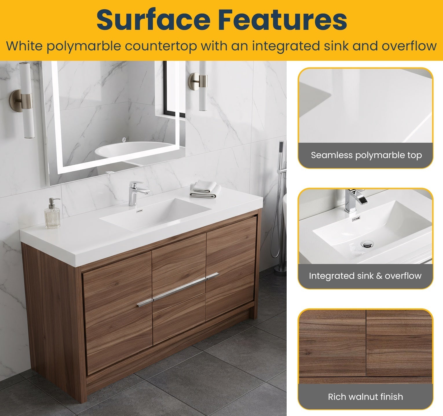 60" Walnut Freestanding Single Sink Bathroom Vanity with White Polymarble Countertop-Migration_Bathroom Vanities-DECOROLALA