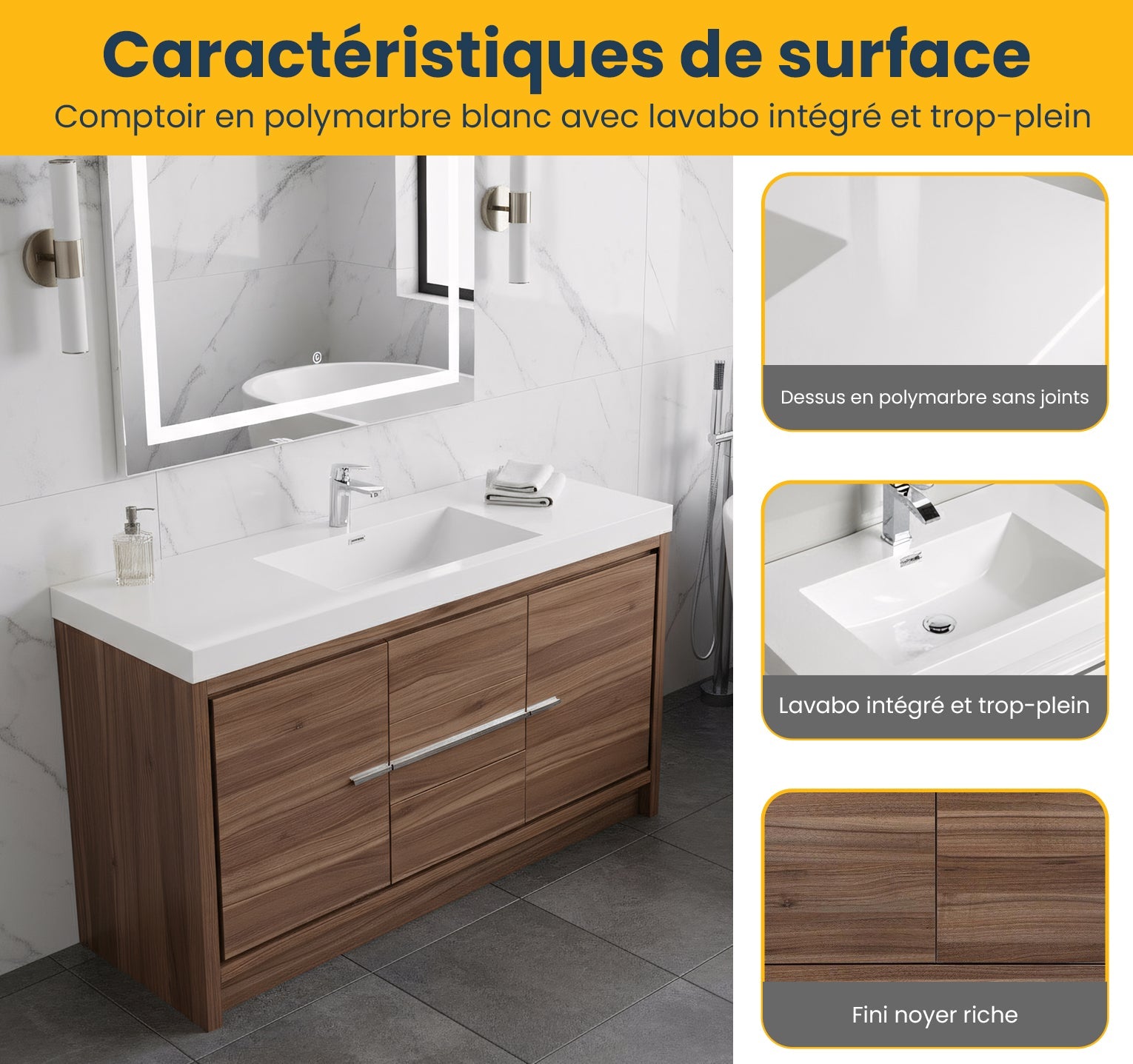 60" Walnut Freestanding Single Sink Bathroom Vanity with White Polymarble Countertop-Migration_Bathroom Vanities-DECOROLALA