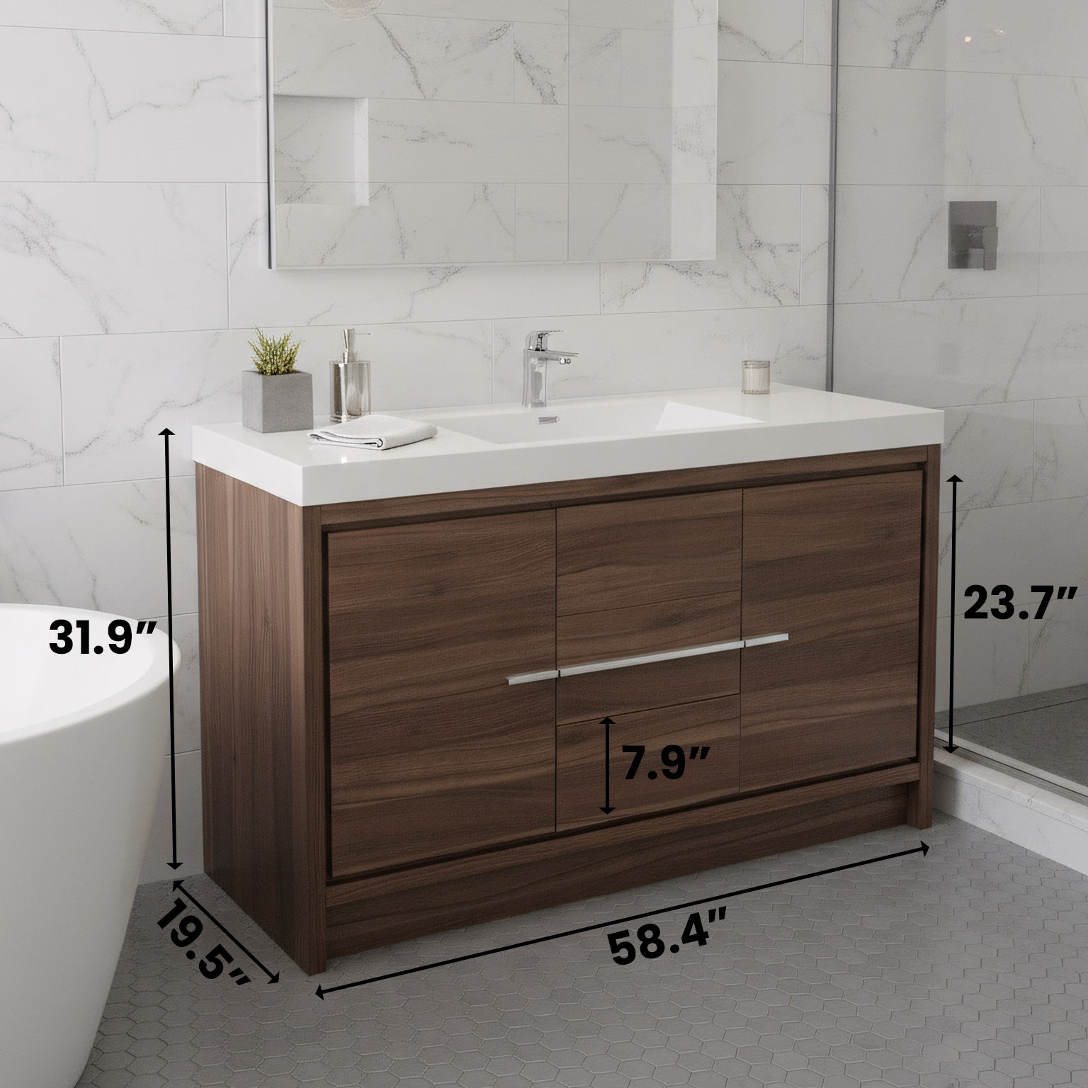 60" Walnut Freestanding Single Sink Bathroom Vanity with White Polymarble Countertop-Migration_Bathroom Vanities-DECOROLALA